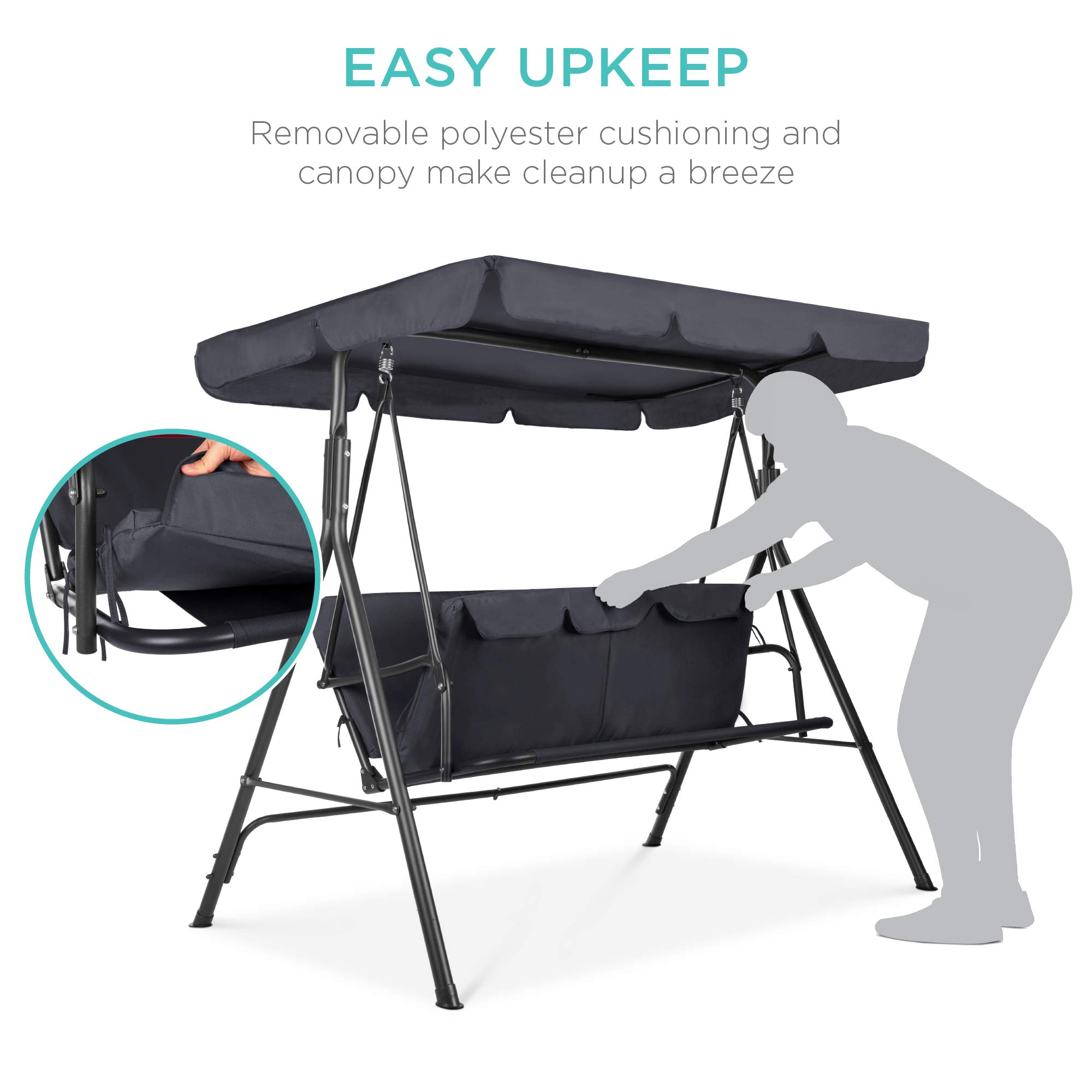 Best Choice Products 2-Person Outdoor Patio Swing Chair with Convertible Canopy - Adjustable Shade, Removable Cushions - Gray Hanging Glider Porch Bench for Garden, Poolside, Backyard - Perfect for Relaxing, Lounging & Outdoor Entertaining