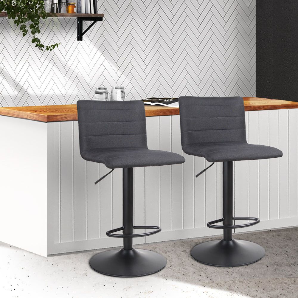 2-Pack Adjustable Height Bar Stools with Gas Lift Mechanism - Black Linen Fabric Counter Stools for Kitchen Island, Breakfast Bar & Home Decor