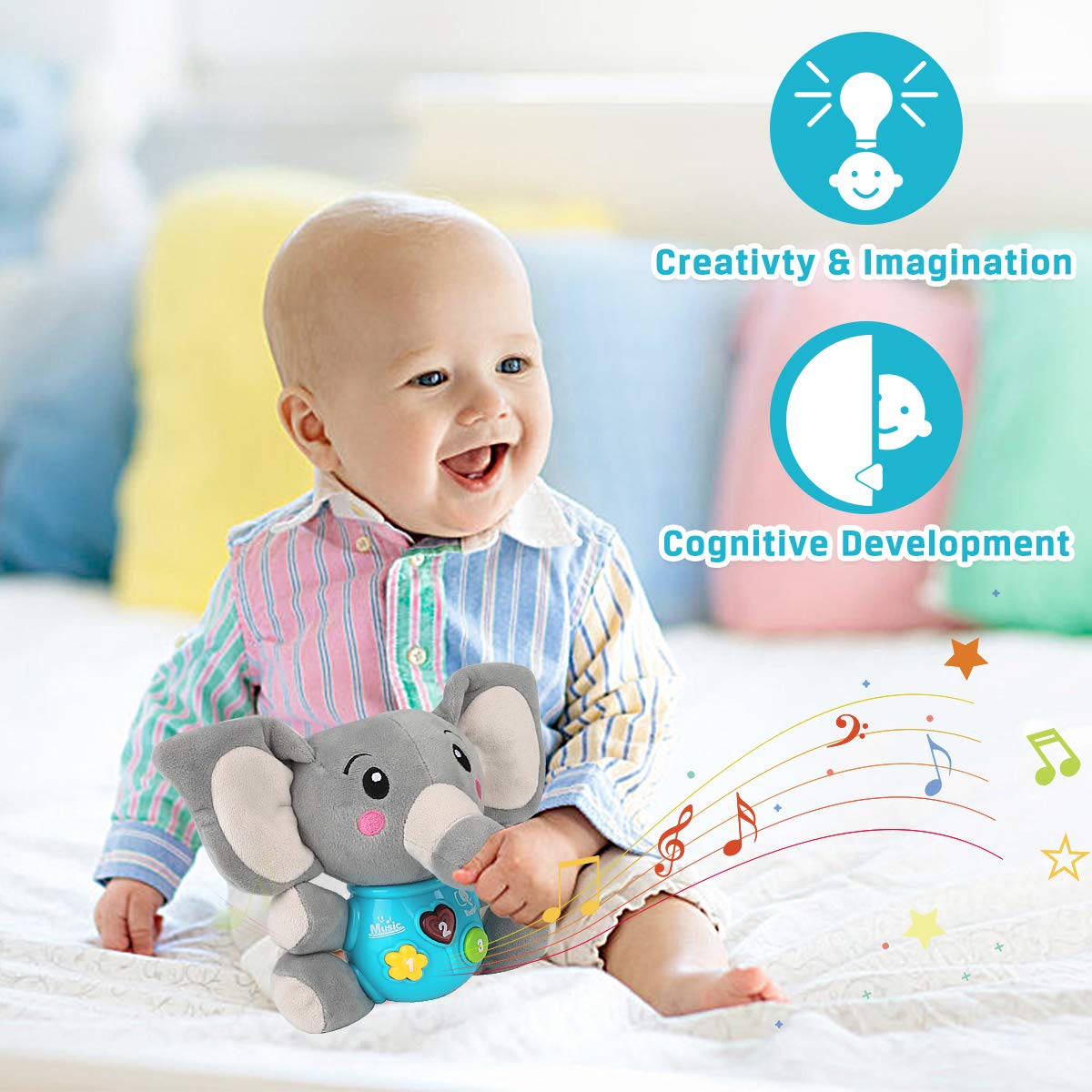 Aitbay Soft Plush Elephant Musical Baby Toy - Light Up Stuffed Animal with Soothing Music for Newborns & Infants 0-12 Months | Perfect Nursery Gift for Boys & Girls | Cuddly Sensory Toy for Playtime & Bedtime