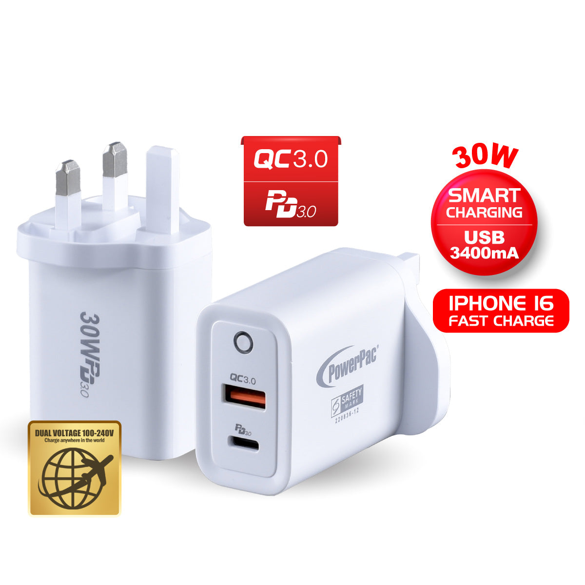 Fast USB Wall Charger 30W with QC3.0 & PD3.0 - Dual Port (USB-A & USB-C) for iPhone, Samsung, iPad - Universal 100-240V AC Travel Charger - Perfect for Home, Office & International Trips