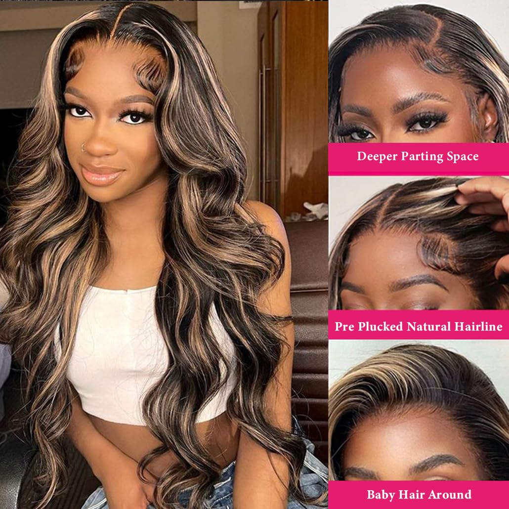 5x5 HD Lace Closure Wigs Human Hair - Glueless Wear and Go, Pre Plucked & Pre Cut, 180% Density, 1B/27 Body Wave Ombre, Highlight Honey Blonde, 30 Inch - Perfect for Daily Wear, Parties & Special Occasions
