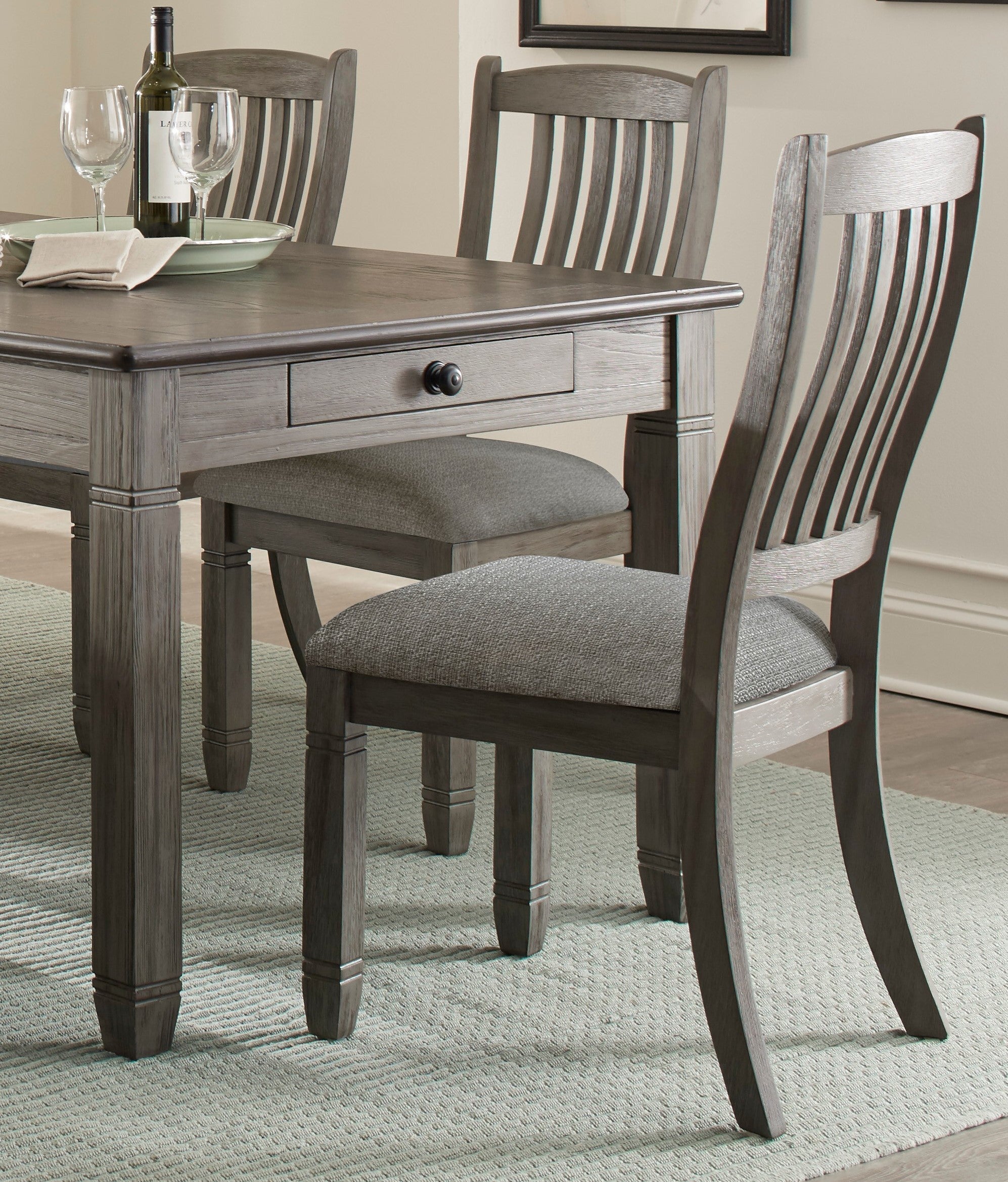 Antique Gray Wood Frame Fabric Upholstered Side Chairs Set of 2 - Casual Dining Height Accent Chairs for Kitchen, Breakfast Nook, and Small Space Decor