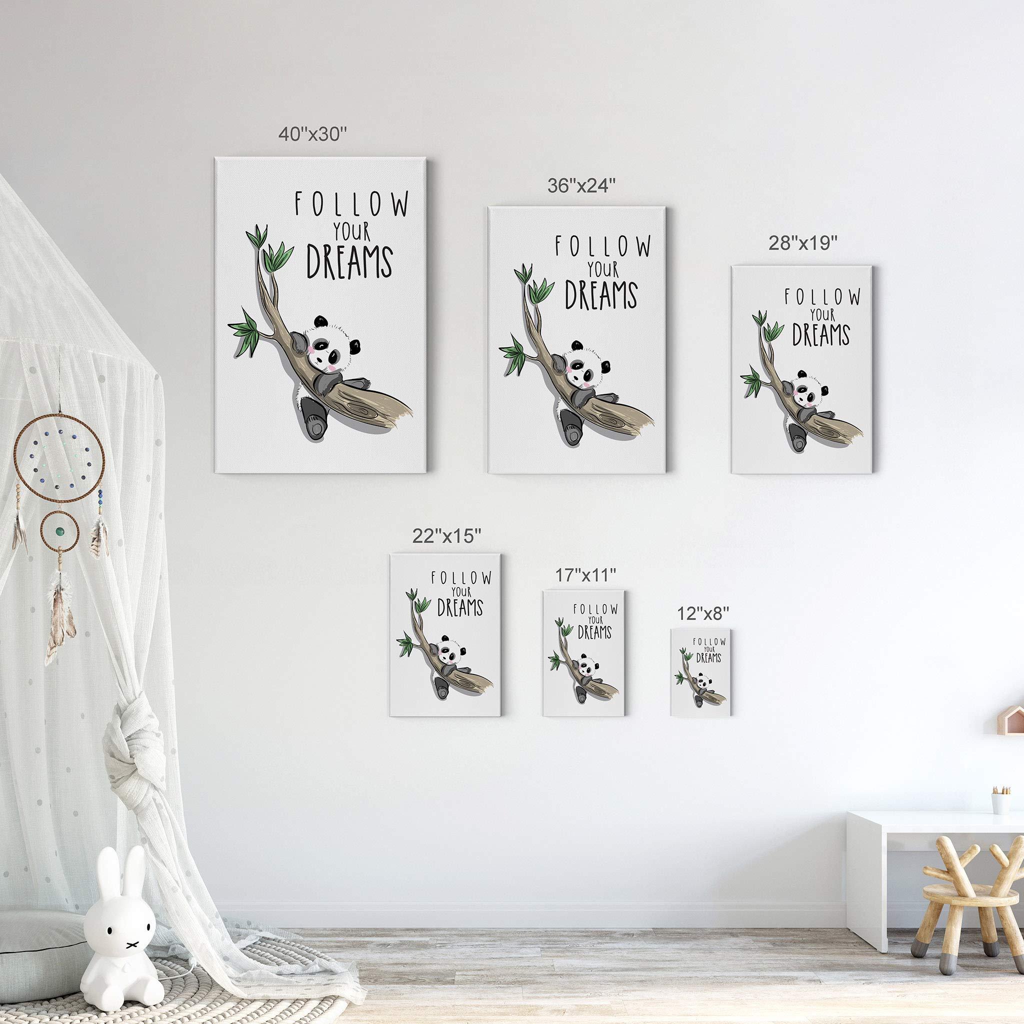 Panda Follow Your Dreams Quote Canvas Wall Art - Inspirational Nursery Decor, Kids Room Decor, Ready to Hang 22x15 - Perfect for Baby Rooms, Playrooms & Children's Bedrooms - Made in USA