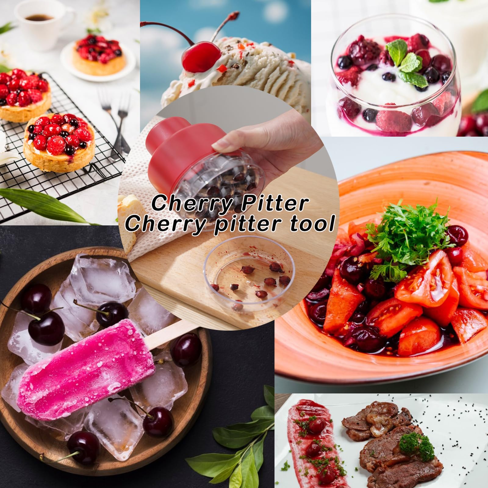 Premium Cherry Pitter Tool - Stainless Steel Olive & Cherry Corer Removes Pits from 7 Cherries at Once - Multi-Functional Fruit Seed Remover for Cherry Jam, Pies, Salads & Baking (Red) - Perfect for Home Kitchens & Professional Chefs