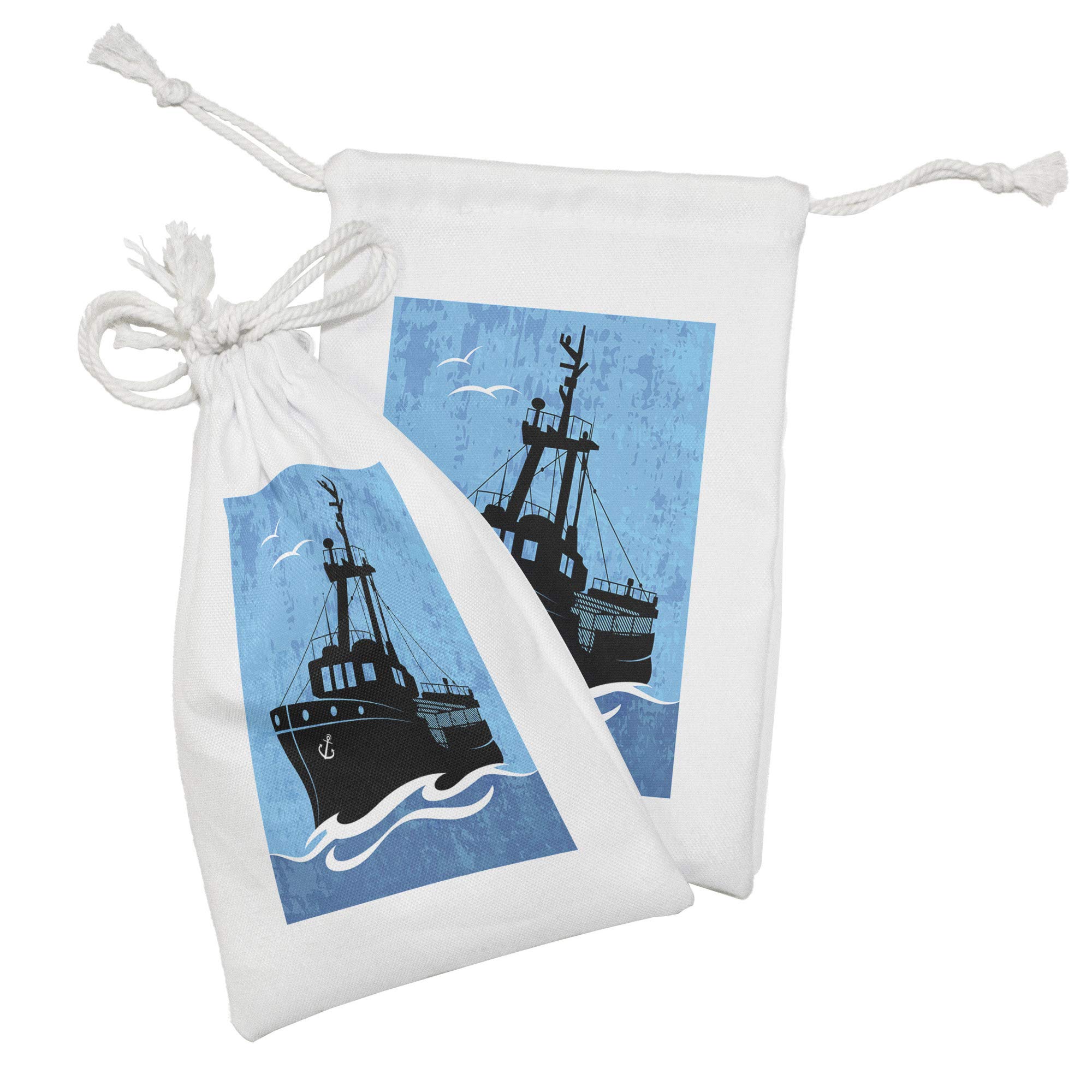 Ambesonne Nautical Blue Fabric Pouch Set of 2 - Fishing Boat on Wavy Sea with Grunge Sky Design - Small Drawstring Bags for Toiletries, Masks, Jewelry & Party Favors (9