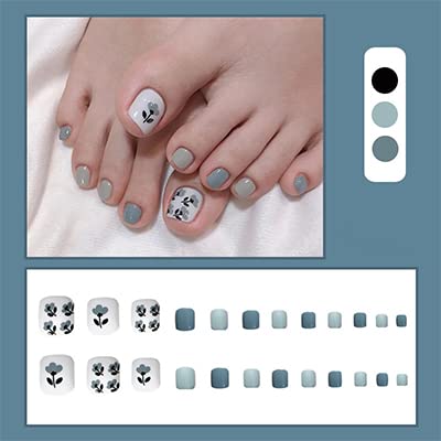 24pcs Square Acrylic Fake Toenails - Glossy Press-On Artificial Toe Nails with Floral Design for Women & Girls | Full Cover False Nails for Pedicure, Parties & Special Occasions