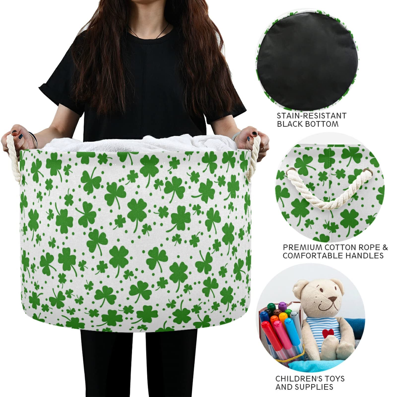 St. Patrick's Day Green Shamrock Clover Storage Basket - Foldable Round Organizer Bin with Handles for Baby Nursery, Toys & Clothes - Waterproof Laundry Hamper for Home, Dorm & Party Decor