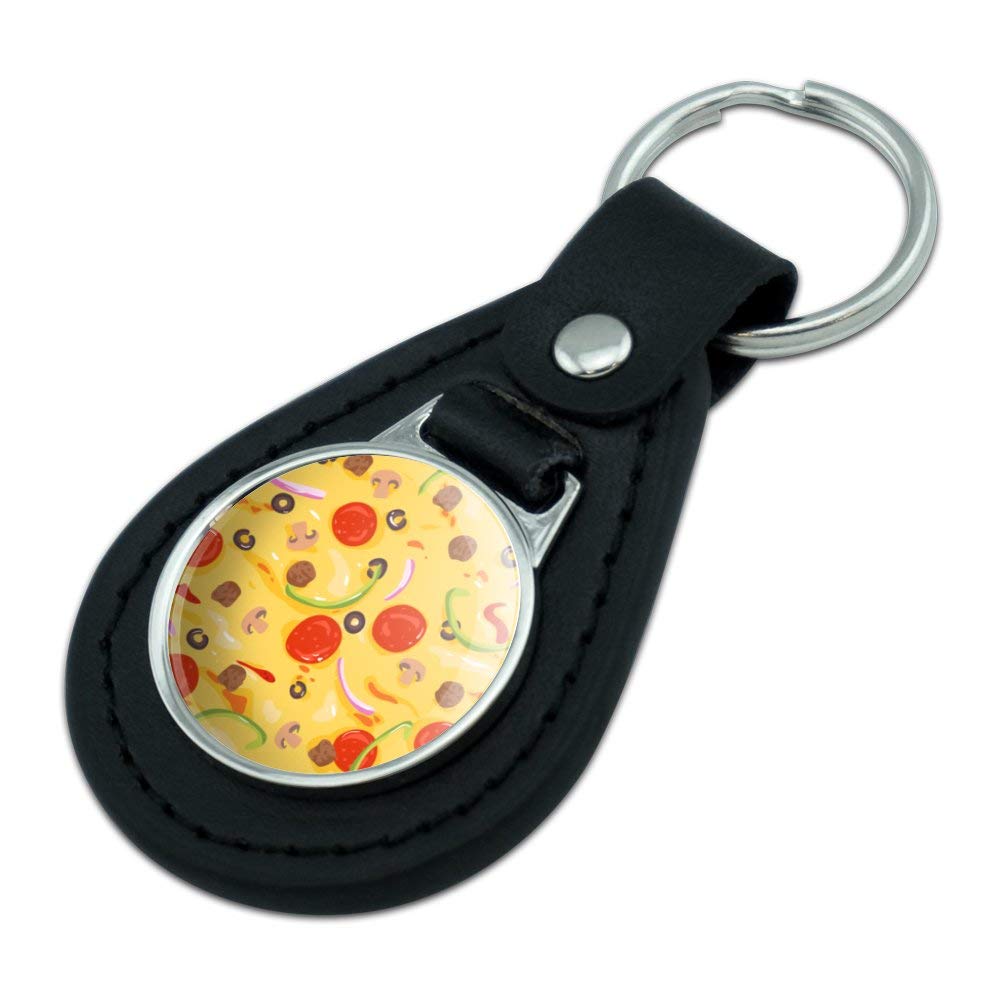 Black Leather Pizza Pattern Keychain with Pepperoni, Olives & Onions - Unique Graphic Design for Pizza Lovers & Food Enthusiasts - Perfect Gift for Pizza Parties, Kitchen Decor & Keychain Collectors