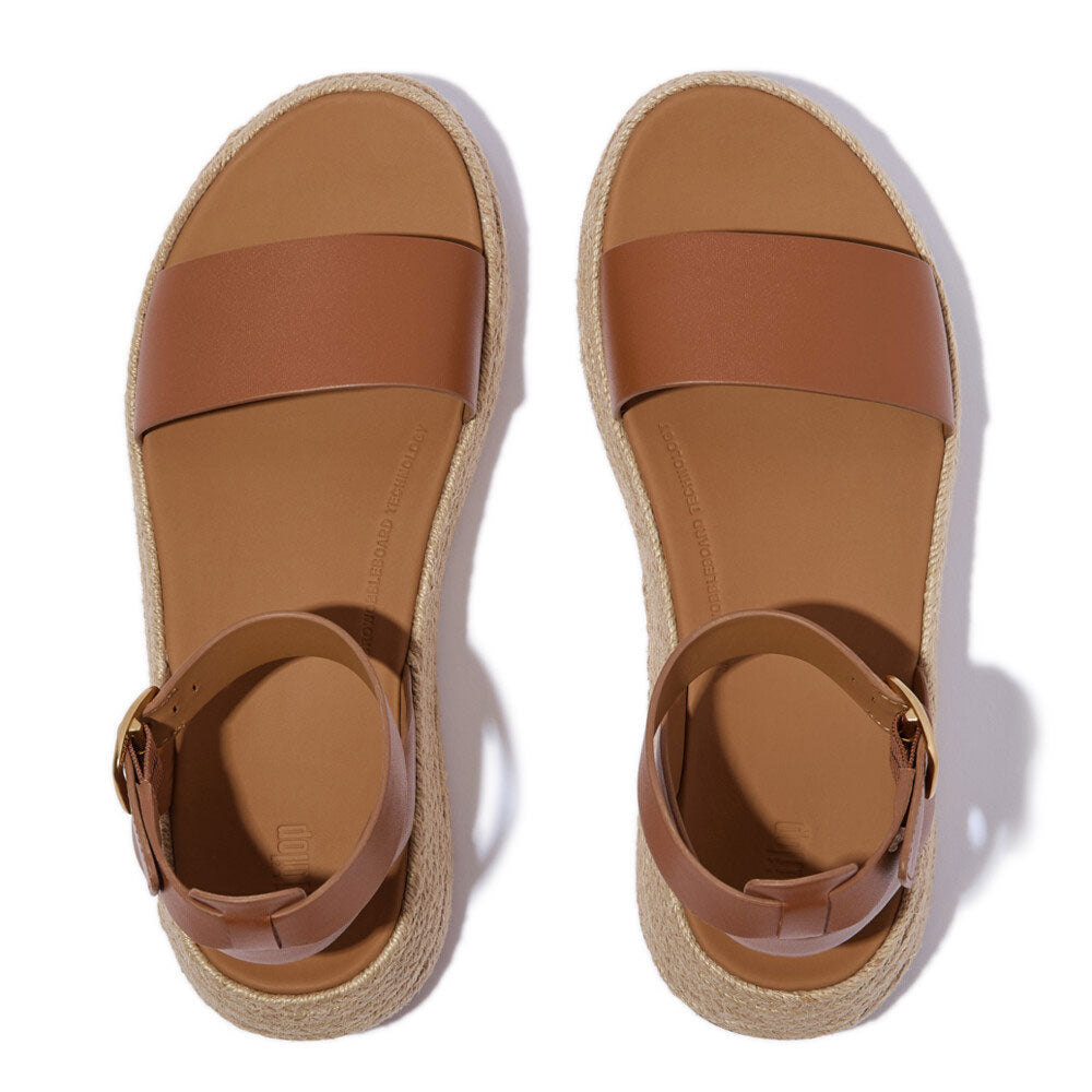 FitFlop F Mode Espadrille Leather Flatform Ankle Strap Sandals for Women - Comfortable Summer Wedge Sandals with Arch Support | Perfect for Beach, Vacation & Casual Outfits (Deep Tan)