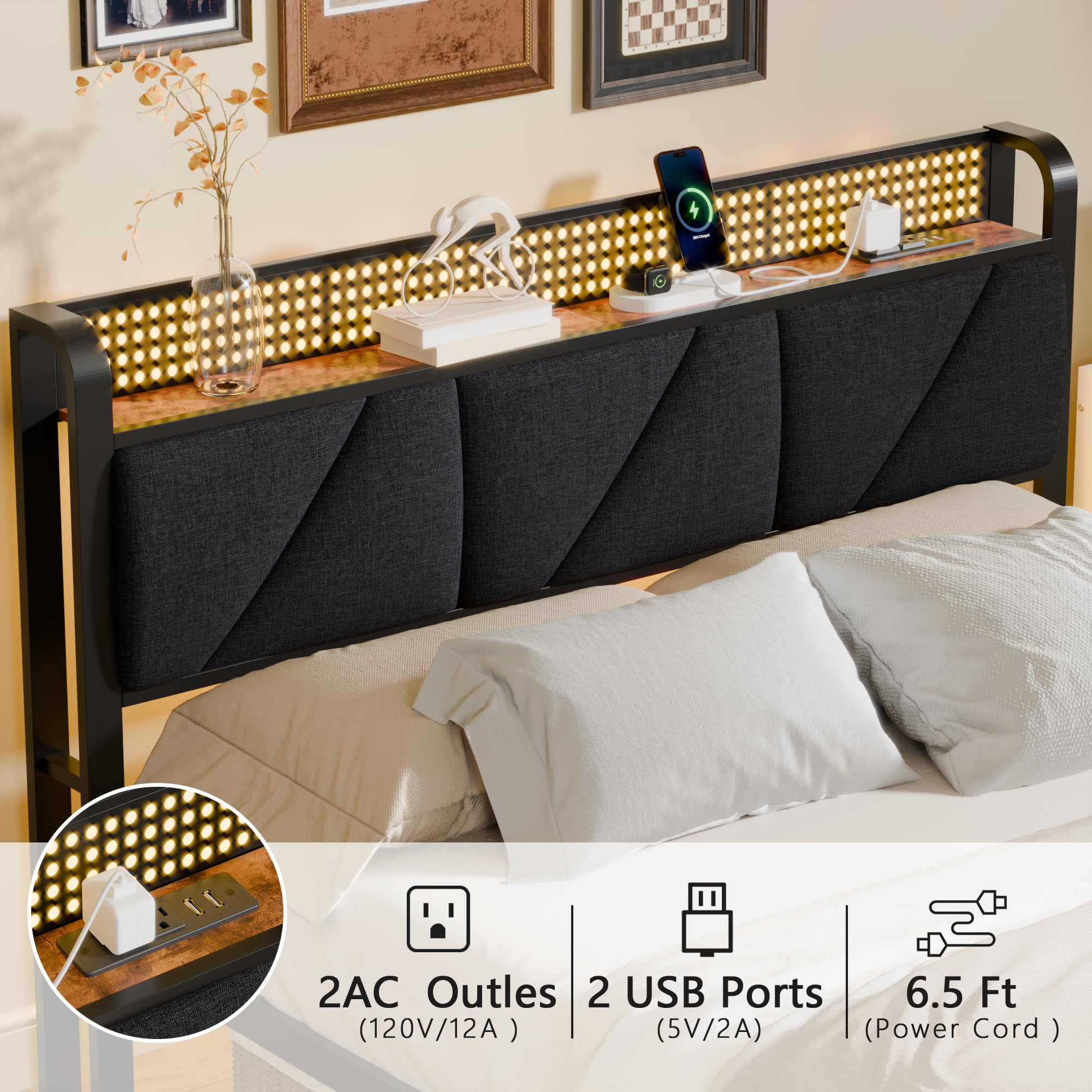 Furnulem Queen Size Bed Frame with Headboard & LED Lights - Upholstered Platform Bed with USB Charging Station, No Box Spring Needed, Noise-Free Metal Bed Frame - Perfect for Modern Bedrooms, Guest Rooms & LED Lighting Enthusiasts
