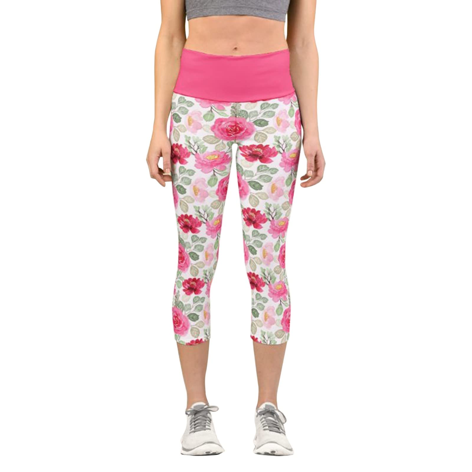 Women's High Waisted Capri Leggings - Soft Stretchy Workout Yoga Pants with Floral Print | Perfect for Gym, Running & Casual Wear