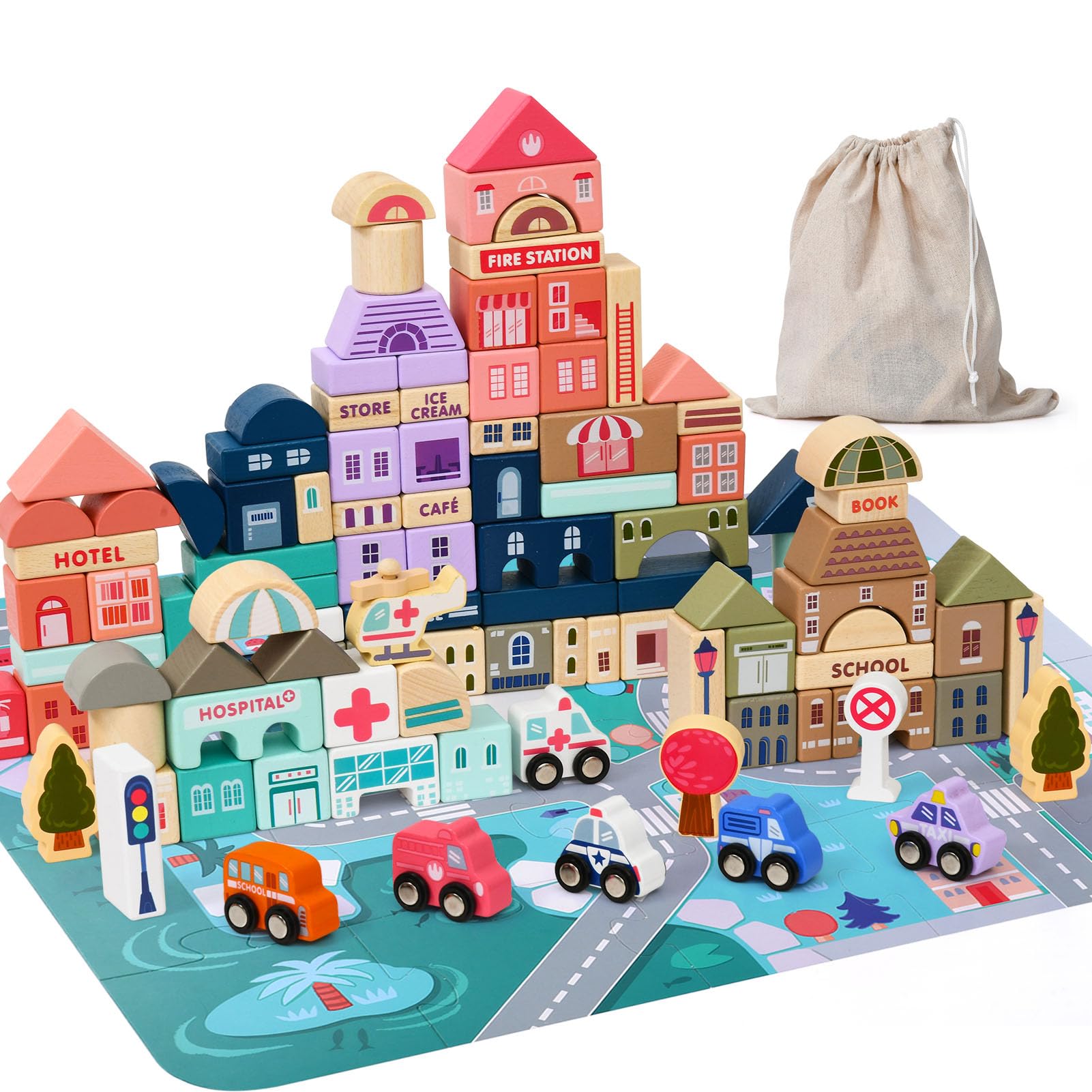 Lewo 115pcs Wooden Building Blocks - Educational STEM Toys for Kids 3-6 Years | Creative City Map Playset for Preschool Learning