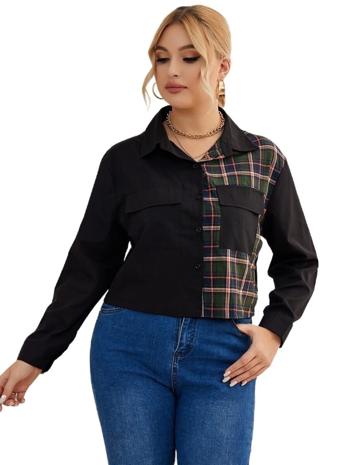 TINMIIR Women's Plus Size Plaid Button Down Shirt with Flap Pocket & Lapel Collar - Long Sleeve Blouse for Work & Casual Wear (Multicolor, 1XL) - Perfect for Office, Date Night & Fall Outfits