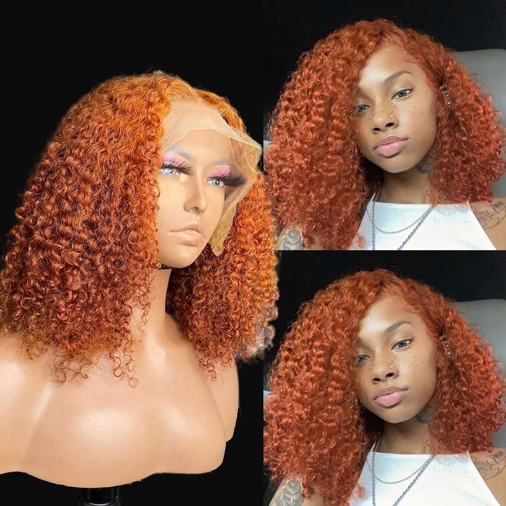 Kinky Curly Bob Wig 13x4 Lace Front Human Hair - Ginger Colored 150% Density (12 Inch) for Women | Perfect for Cosplay, Daily Wear & Special Occasions