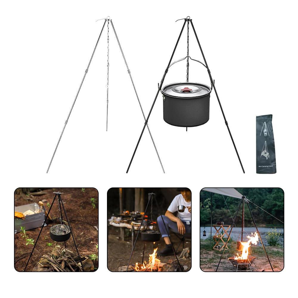 Adjustable Aluminum Camping Tripod with Chain & Storage Bag - Portable Hanging Pot Fire Stand for Outdoor Cooking, Picnics & Camping (Silver, 1-Piece) - Perfect for Backpacking, Hiking & Wilderness Adventures