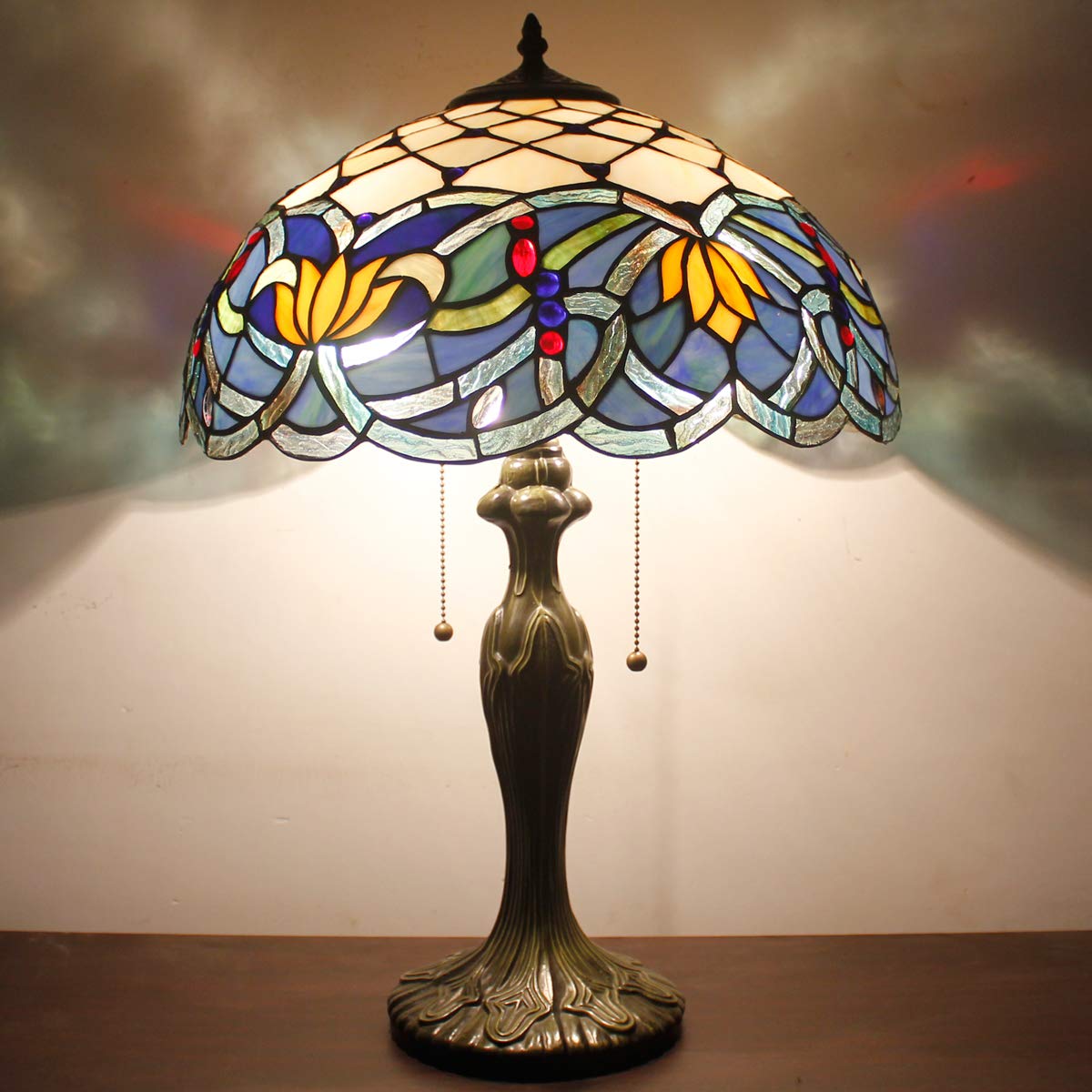 Tiffany Style Stained Glass Table Lamp - Blue Lotus Design, 16x16x24 Inches, Metal Base for Bedroom, Living Room, Home Office (S220 Series) | Perfect for Reading, Nightstand Decor & Cozy Ambiance Lighting