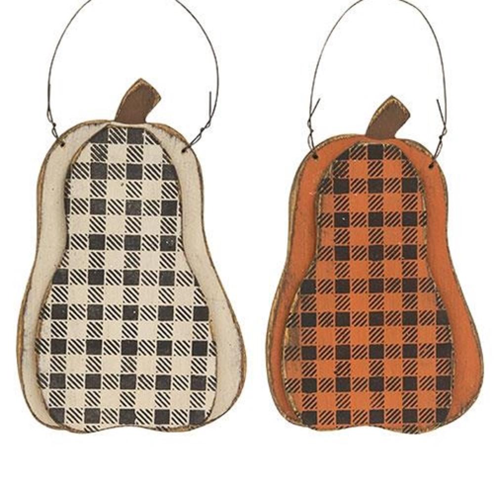 Layered Wood Buffalo Plaid Hanging Pumpkin Decor - 2 Pack Assorted Colors - Fall Thanksgiving Halloween Home Decor for Wall, Door, and Mantel