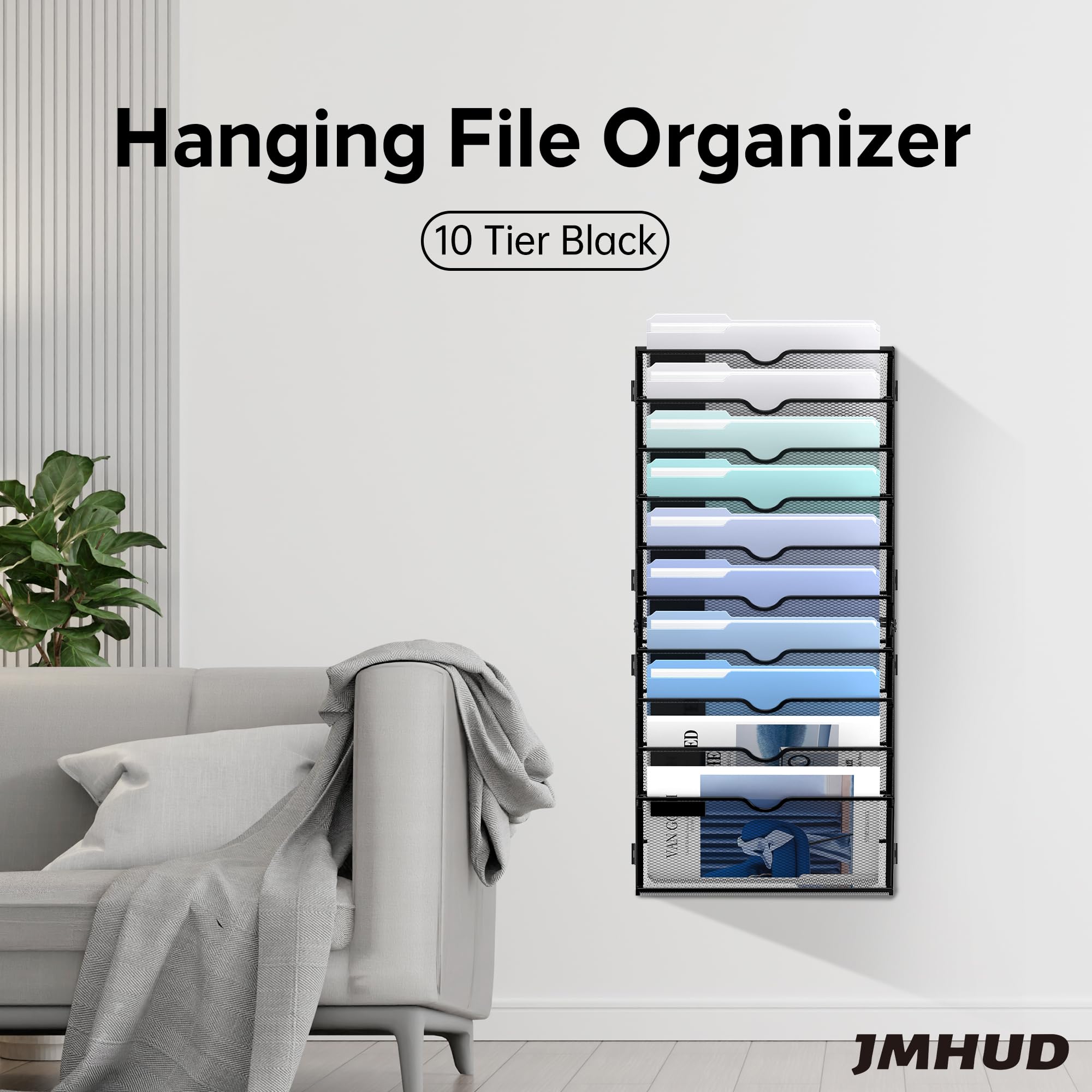 10-Tier Hanging Wall File Organizer - Wall Mounted Mail & Paper Holder for Office & Home - Perfect for Bills, Documents, and Office Supplies - Black