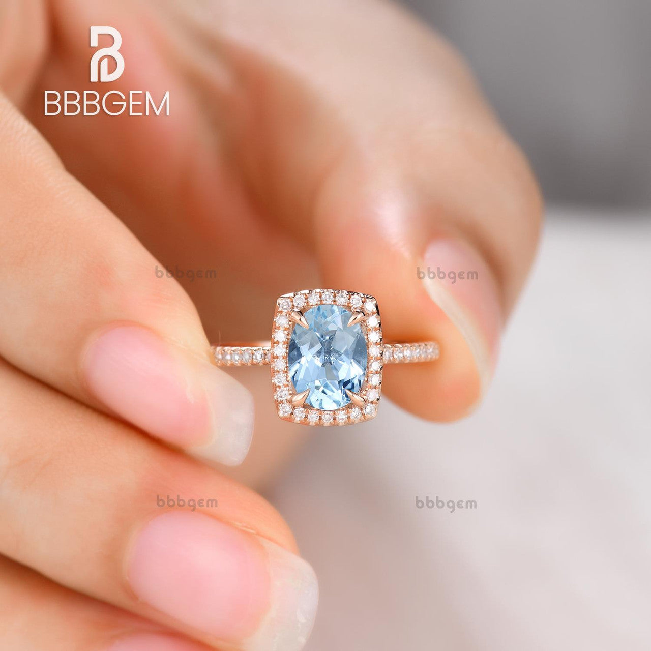 6x8mm Oval Aquamarine Engagement Ring - 14k Rose Gold Diamond Wedding Ring with Blue Gemstone Pave & Cushion Halo - Thin Elegant Design for Bridal, Anniversary & Proposal Gifts