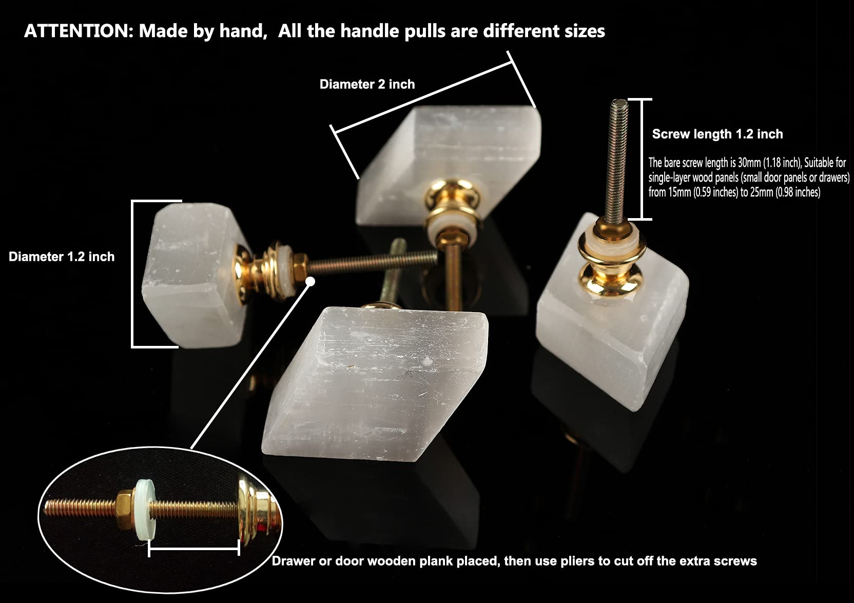 Natural Selenite Drawer Knobs - 4 Pack White Cabinet Handles for Nursery & Kitchen
