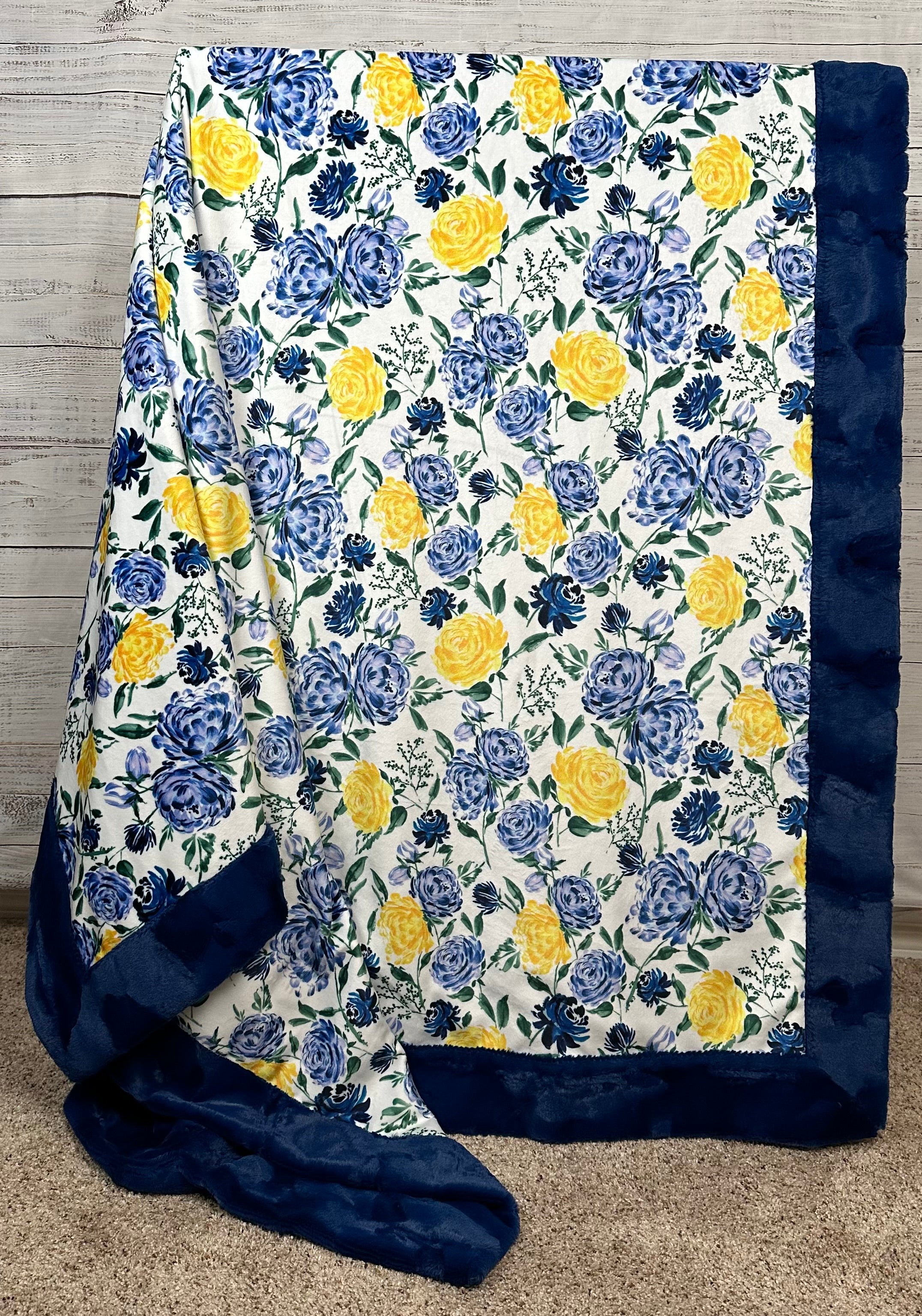 Floral Blue and Yellow Rose on Marble Midnight Large Adult Blanket 53x77 - Soft Cozy Throw for Bed, Sofa & Home Decor