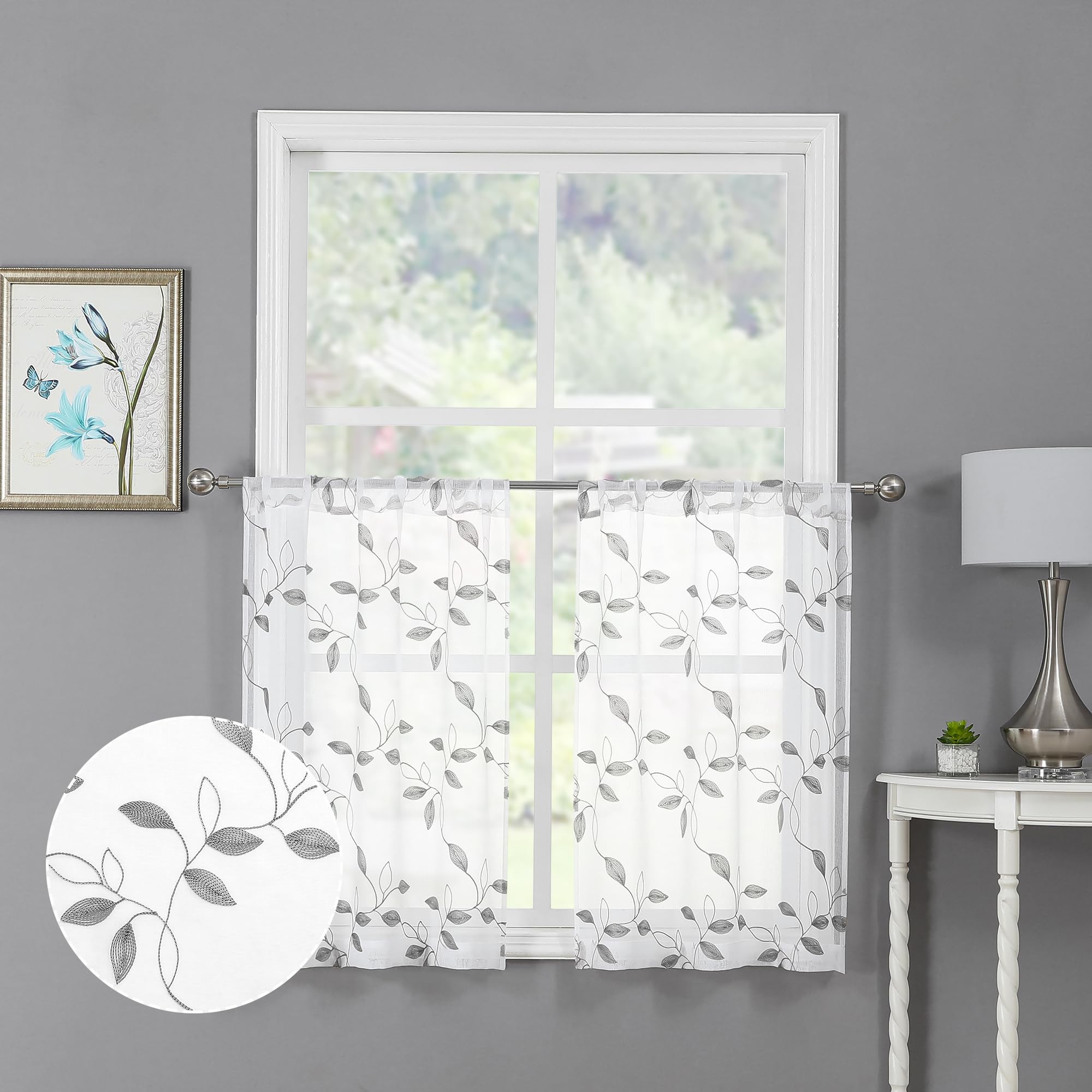 Grey Leaf Sheer Tier Curtains - Embroidered Voile Kitchen & Bathroom Window Panels with Rod Pocket, 30 x 24 Inches, Set of 2 - Perfect for Home, Cafe, and Office Decor