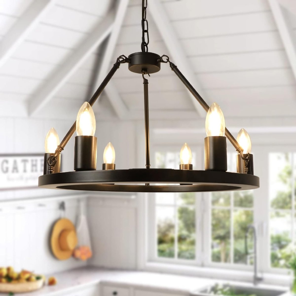 Depuley 6-Light Black Farmhouse Wagon Wheel Chandelier - Industrial Iron Kitchen Island Pendant Light Fixture - Round Ceiling Hanging Light for Dining Room, Living Room & Rustic Home Decor