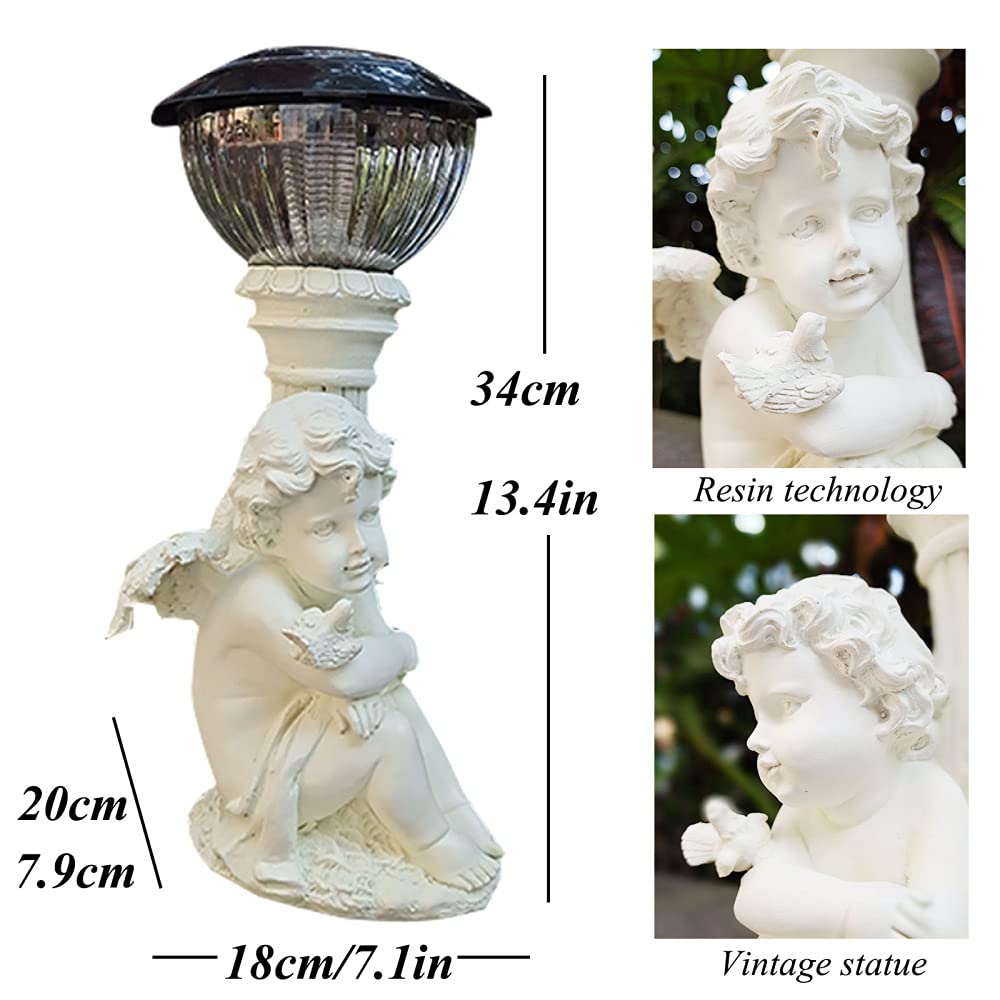 Solar Angel Statue - Outdoor Solar LED Cherub Garden Decor, Antique Resin Angel Figurine for Patio, Yard & Indoor Home Decor - Perfect for Garden Pathways, Terrace Lighting & Holiday Displays