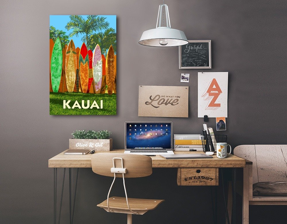 Lantern Press Kauai Surfboard Fence Wall Art - 16x24 Wrapped Canvas Print for Beach House Decor, Hawaiian Coastal Living Room & Surf Theme Bedroom