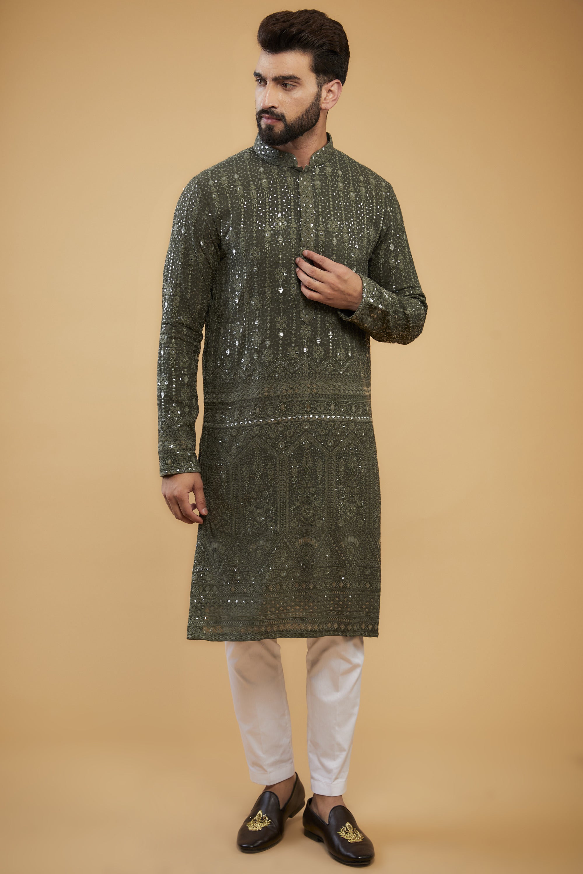 Military Green Sequined Kurta with Detailed Embroidered Border - Elegant Ethnic Wear for Parties, Weddings & Festive Occasions