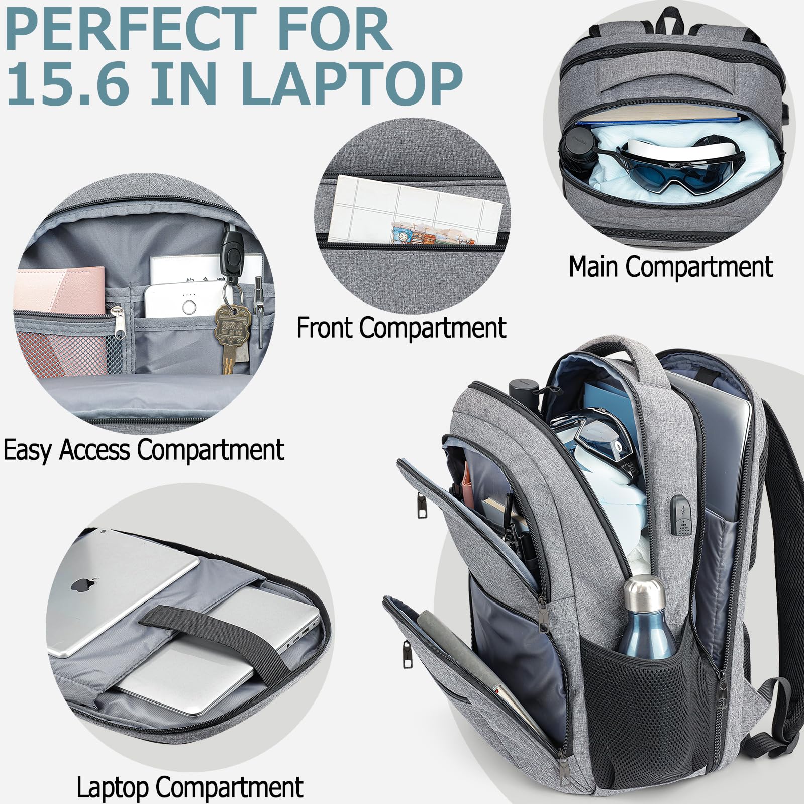 BIKROD Men's Waterproof Travel Backpack with USB Charging Port - TSA Approved Anti-Theft Laptop Backpack for Business & College, Fits 15.6 Inch Notebook - Perfect for Commuting, Air Travel & Daily Use (Grey)