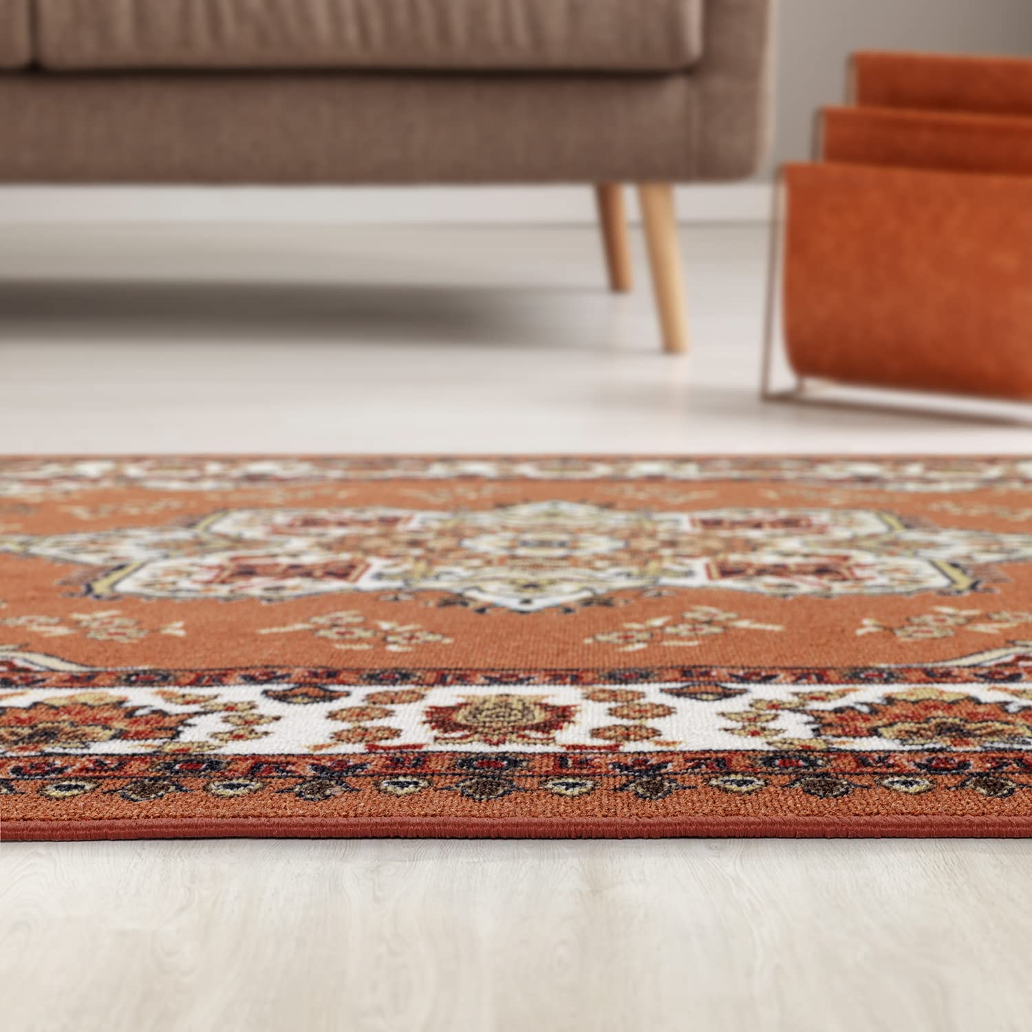 Antep Oriental Traditional 8x10 Non-Slip Area Rug with Rubber Backing - Rust Brown 7'10