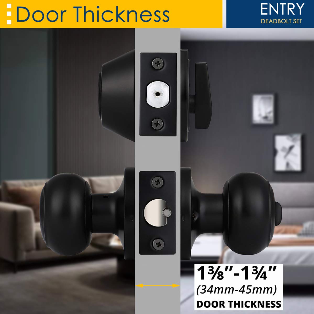 2 Pack Keyed Alike Door Knobs & Deadbolt Lock Set - Matte Black for Home Security