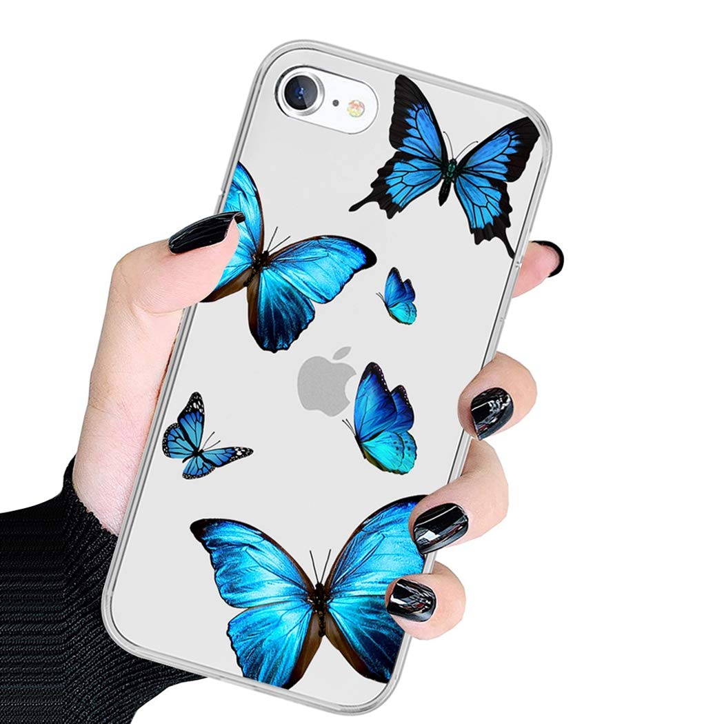Clear Soft TPU Shockproof Protective Phone Case for iPhone SE 2020/iPhone 8/iPhone 7 (4.7 Inch) - Cute Blue Butterfly Design for Women & Girls | Perfect for Everyday Use, Work & Travel