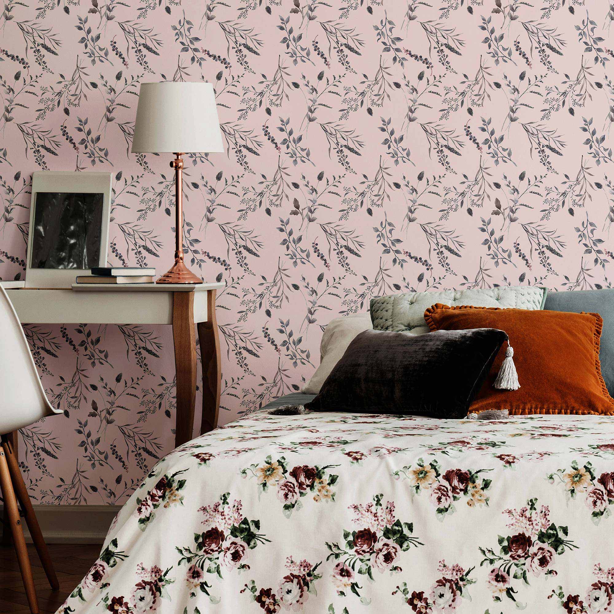 Pink Leaves Peel and Stick Removable Wallpaper 9814 - Self-Adhesive Decorative Wall Covering for Bedroom, Nursery, Living Room & Office Decor