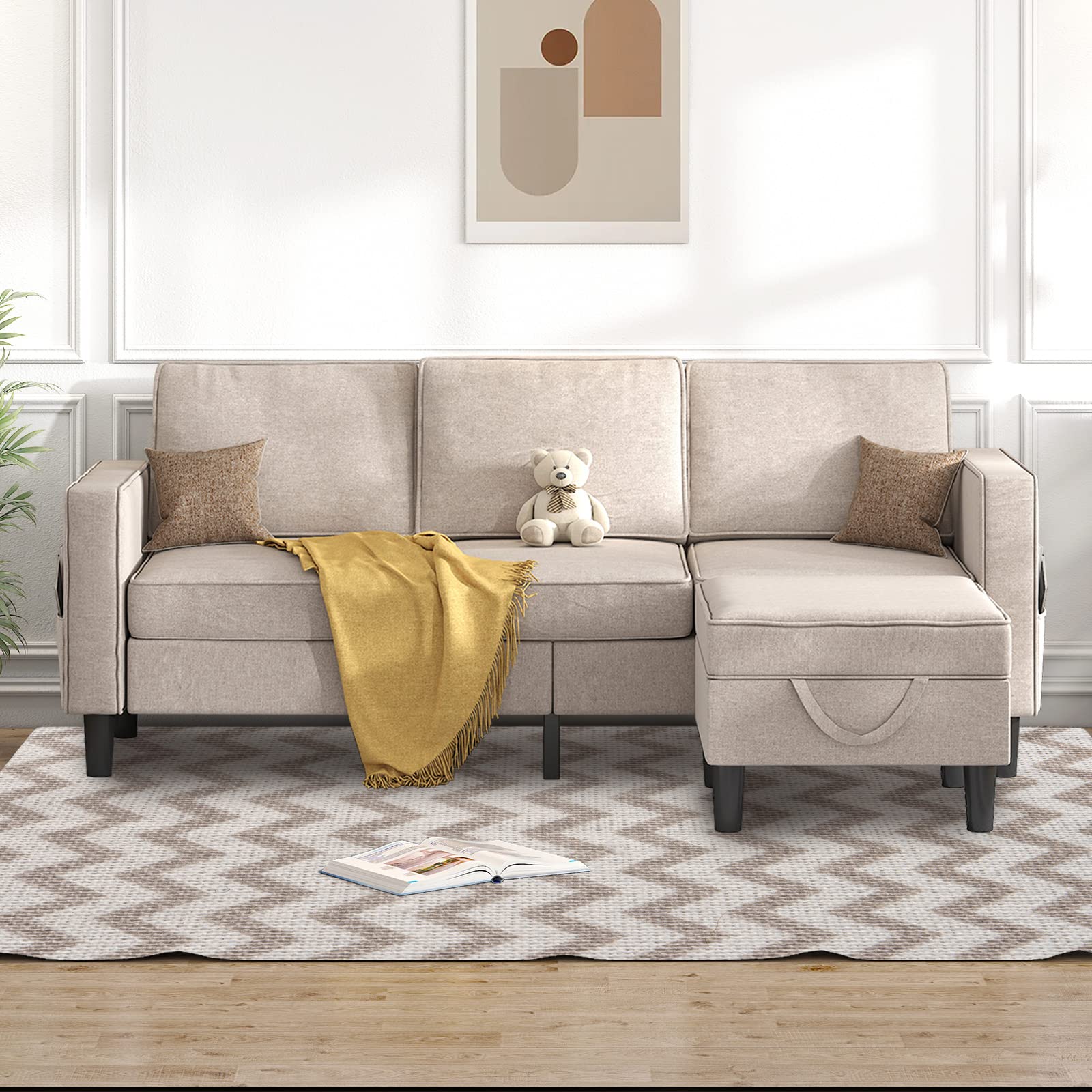 BALUS Modern Linen L-Shaped Sectional Sofa with Storage Ottoman - Convertible Couch for Small Spaces, Living Room, Apartment - Comfortable Beige Fabric Sofa for Relaxing, Entertaining & Small Space Living