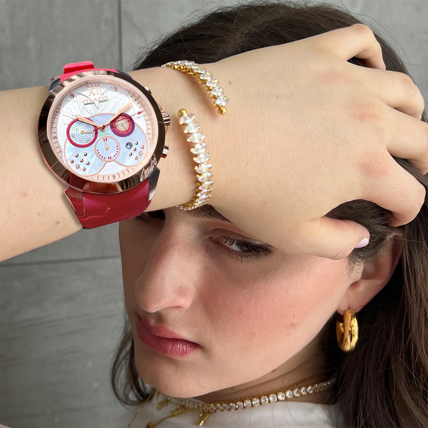 Luxury MULCO Women's Watches - Silver Stainless Steel Case with Silicone Band, Mother of Pearl Rose Gold Diamond Dial, Quartz Movement, Waterproof - Perfect for Business, Party & Everyday Wear