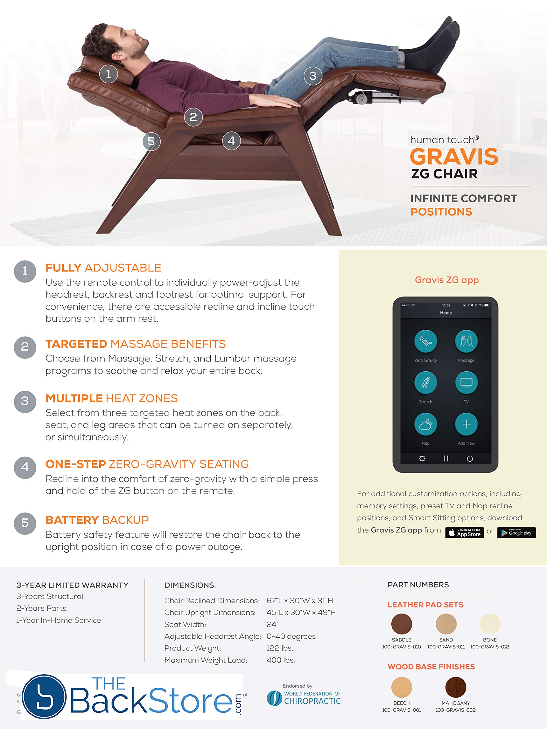 Human Touch Gravis ZG Zero Gravity Leather Massage Chair with Air Massage & Heat Therapy - Premium Beech Wood Frame & Genuine Bone Leather - Perfect for Home, Office & Relaxation Spaces