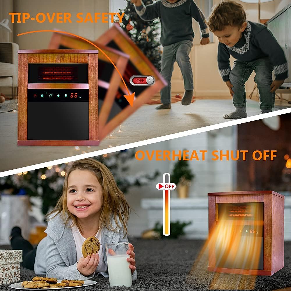 1500W Electric Space Heater with Infrared Technology - 3 Heating Modes, Adjustable Thermostat, Remote Control & 12-Hour Timer - Compact Portable Indoor Heater for Bedroom, Office, Living Room (Dark Walnut) | Perfect for Winter Warmth & Energy-Efficient Home Heating