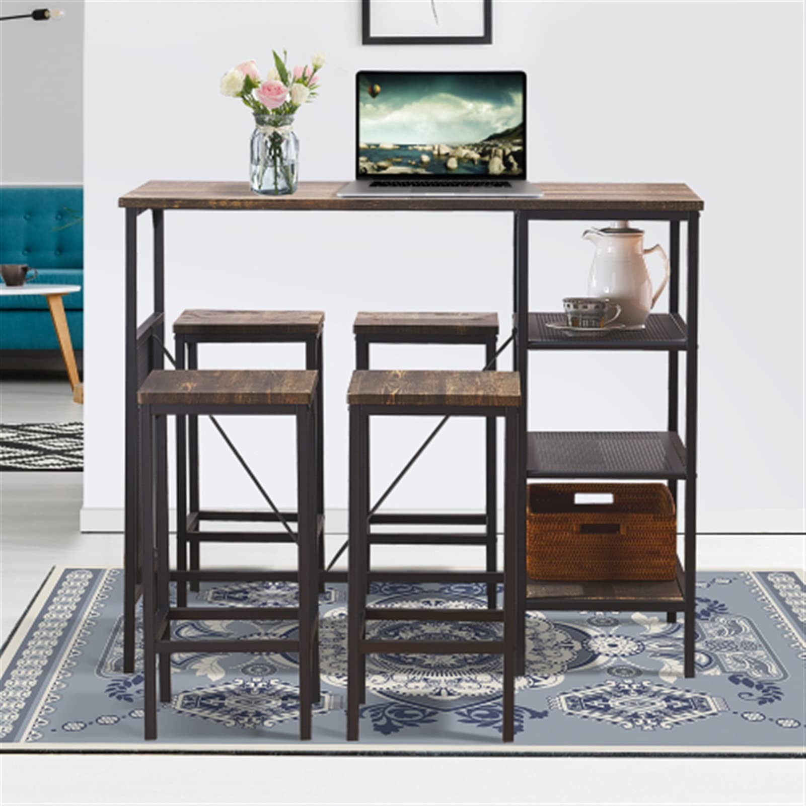 5-Piece Industrial Style Counter Height Dining Table Set with 4 Backless Bar Stools - Gray-Brown Finish for Kitchen, Breakfast Nook & Small Space Dining