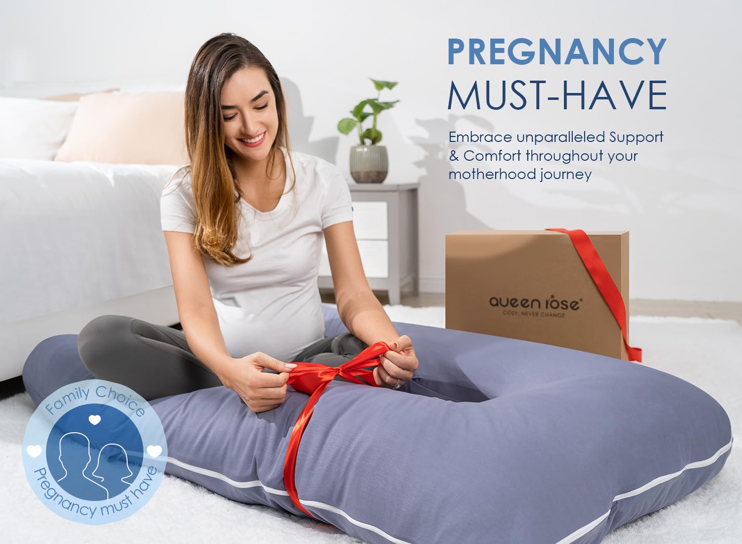 QUEEN ROSE Extra Long Cooling U-Shaped Pregnancy Pillow for Sleeping - Maternity Body Support for Pregnant Women & Adults with Soft Silky Cover (Blue) | Perfect for Back Pain Relief, Side Sleepers & Comfort During Pregnancy