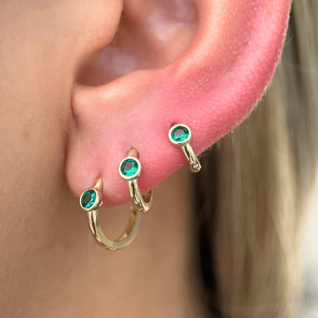 14K Solid Yellow Gold Emerald Huggie Hoop Earrings - Dainty Bezel Set Studs for Women, Perfect for Everyday Wear & Special Occasions