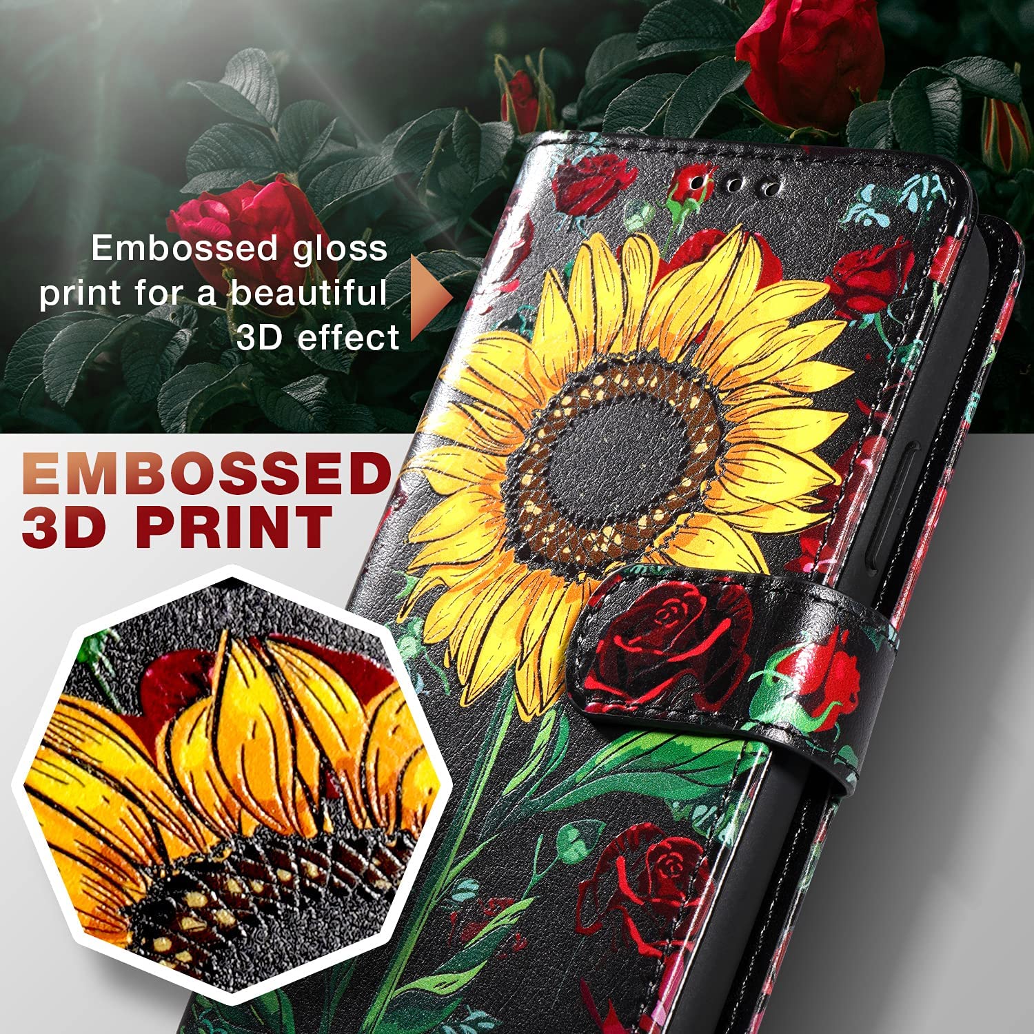 iPhone 14 Pro Max Magnetic Wallet Case with Detachable Design - Rose Flower & Sunflower Patterns | Perfect for Everyday Use, Travel & Hands-Free Convenience