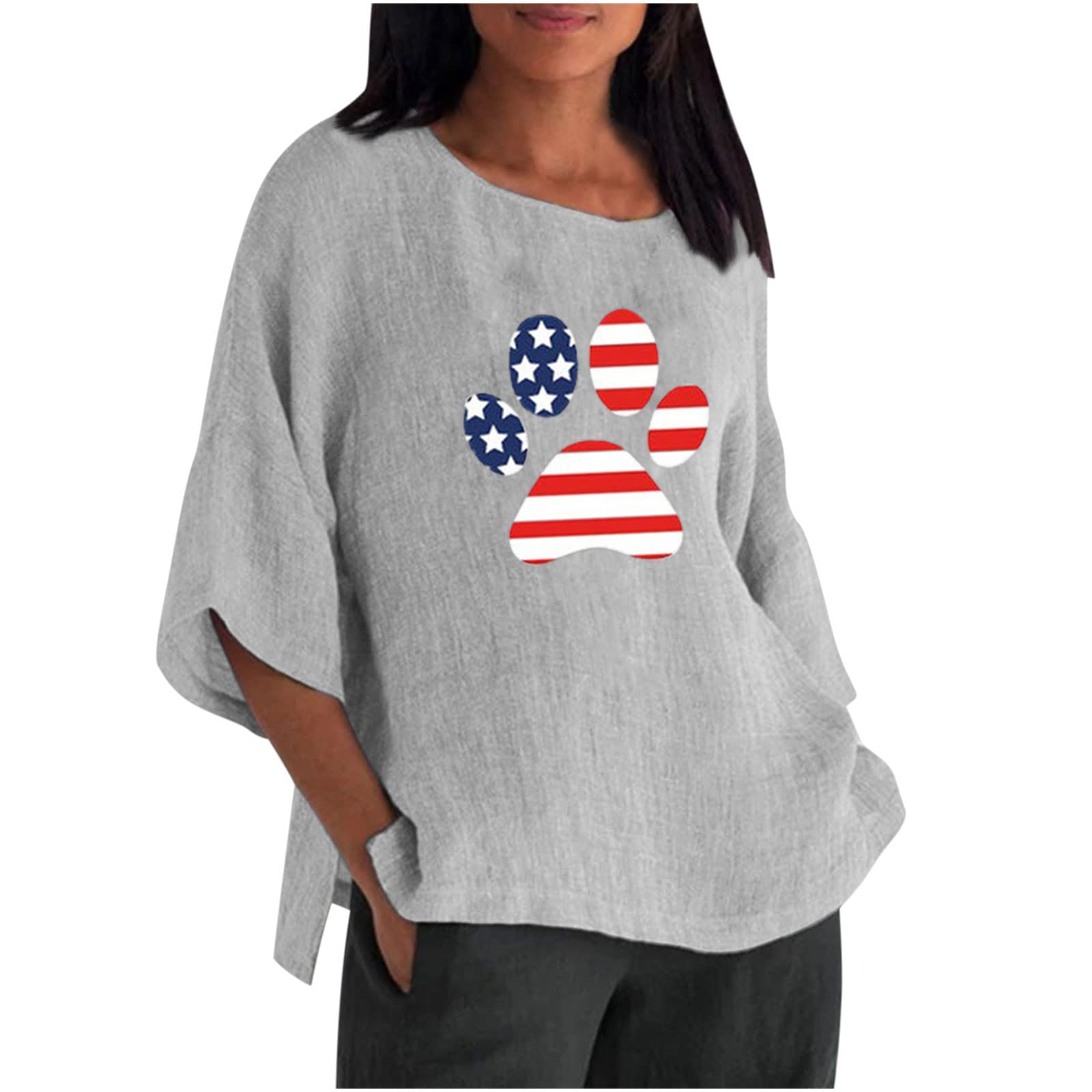 Women's Cotton Linen Blouse - 3/4 Sleeve Round Neck Tunic Top for Summer | Casual Loose Fit Plus Size Shirt | Perfect for Beach Outings, Office Wear & Weekend Brunch