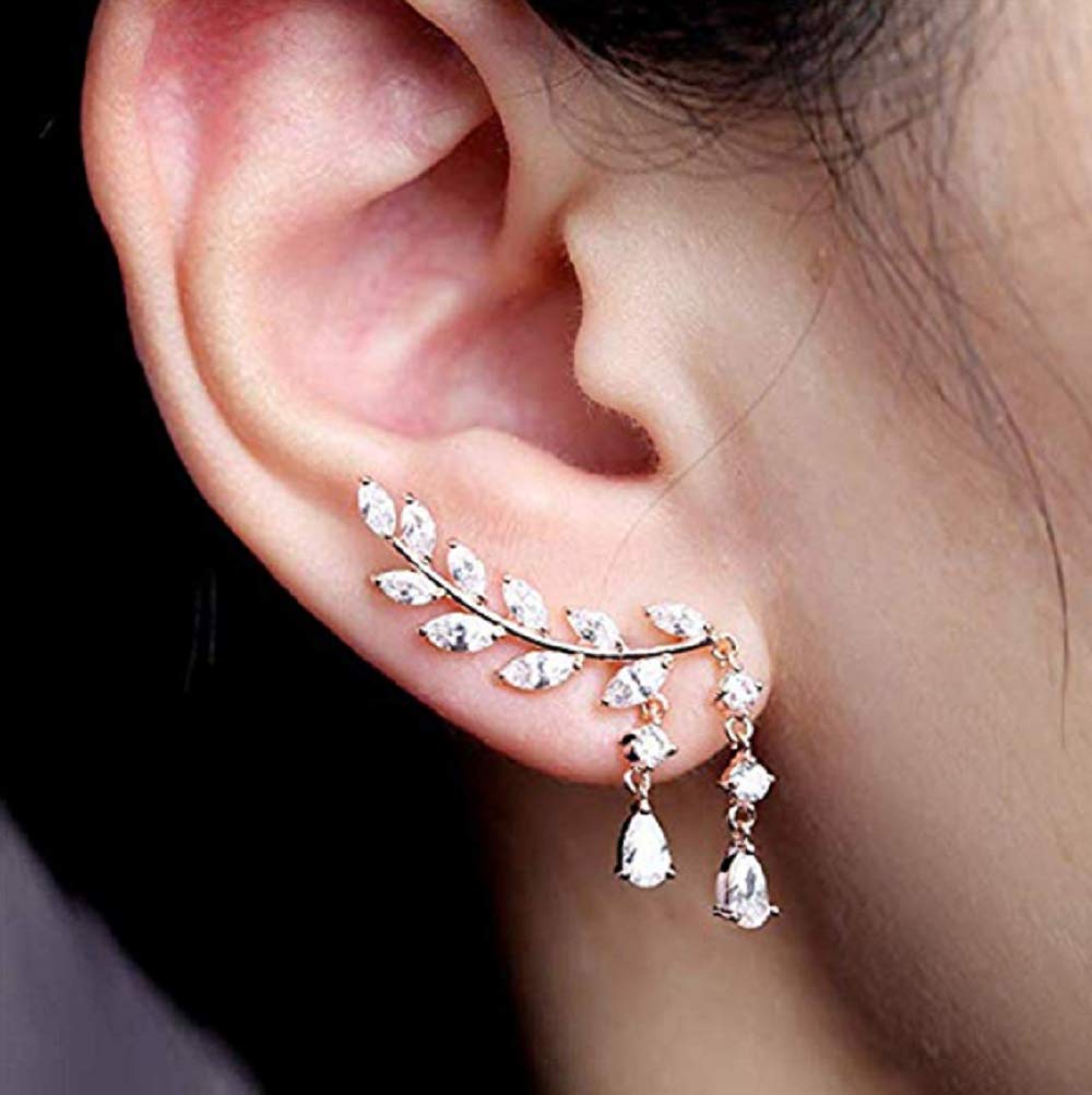 Lzz Fashion Women's CZ Crystal Leaf Earrings - Gold & Silver Climber Wrap Earrings with Tassel & Cuff Design for Parties, Weddings & Daily Wear
