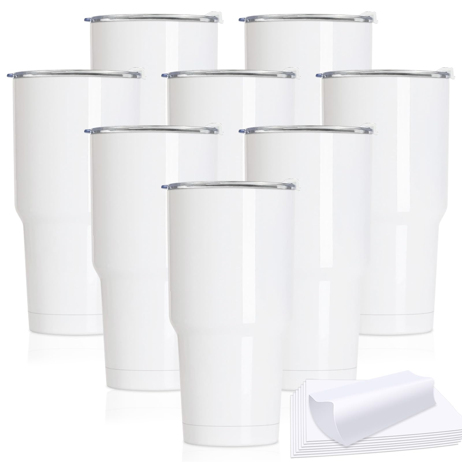 30oz Stainless Steel Sublimation Tumblers Bulk - 8 Pack Double Wall Vacuum Insulated Coffee Mugs with Shrink Wrap Films & Splash Proof Lids - Perfect for DIY Gifts, Coffee, Tea & Cold Beverages - Great for Travel, Office, Camping & Outdoor Activities (White)