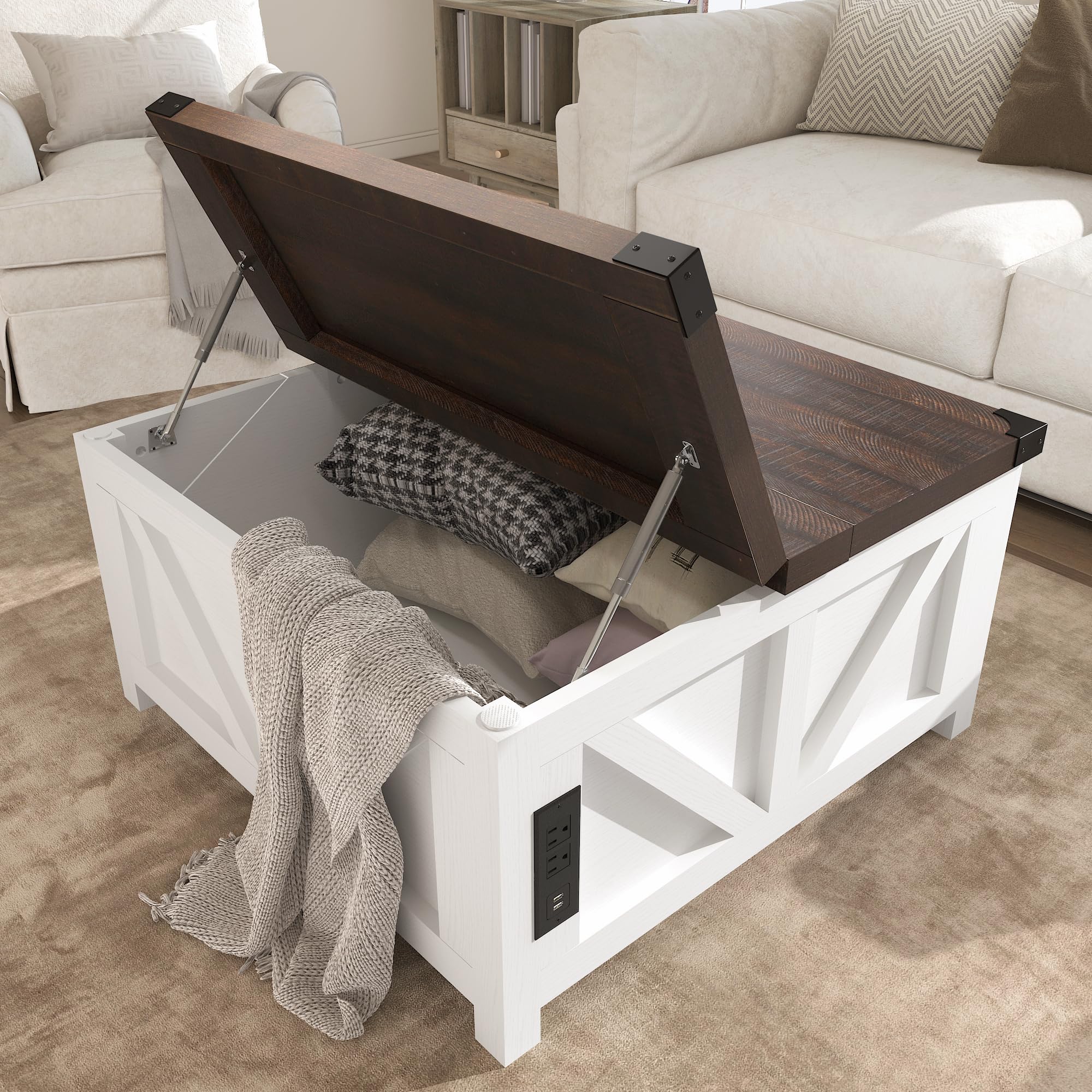 Farmhouse Lift Top Coffee Table with Storage - Wood Square Center Table with Charging Station & USB Ports - Large Hidden Compartment - Perfect for Living Room, Bedroom, Home Office - Ideal for Entertaining, Remote Work & Small Space Storage