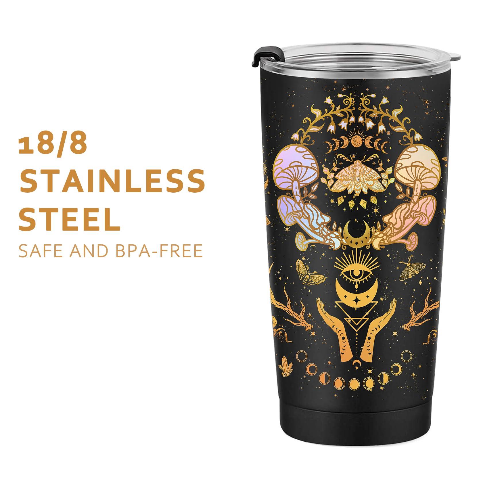 Magic Mushroom Tumbler 20oz - Insulated Coffee Mug with Lid - Unique Witchy Gifts for Women - Sun Moon & Constellation Design - Perfect for Birthday, Office, Camping & Travel