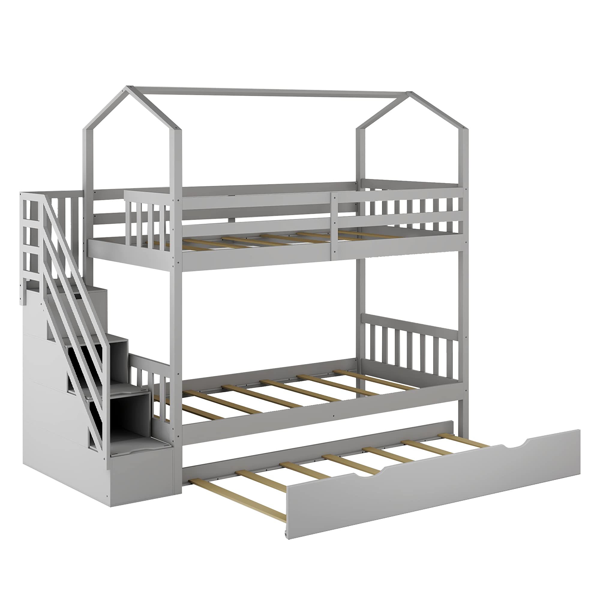 **Twin Over Twin Bunk Bed with Trundle - Solid Wood Kids Bunk Bed with Staircase & Storage - Space-Saving Bedroom Furniture for Boys, Girls, Teens - Perfect for Shared Rooms, Sleepovers & Small Spaces**