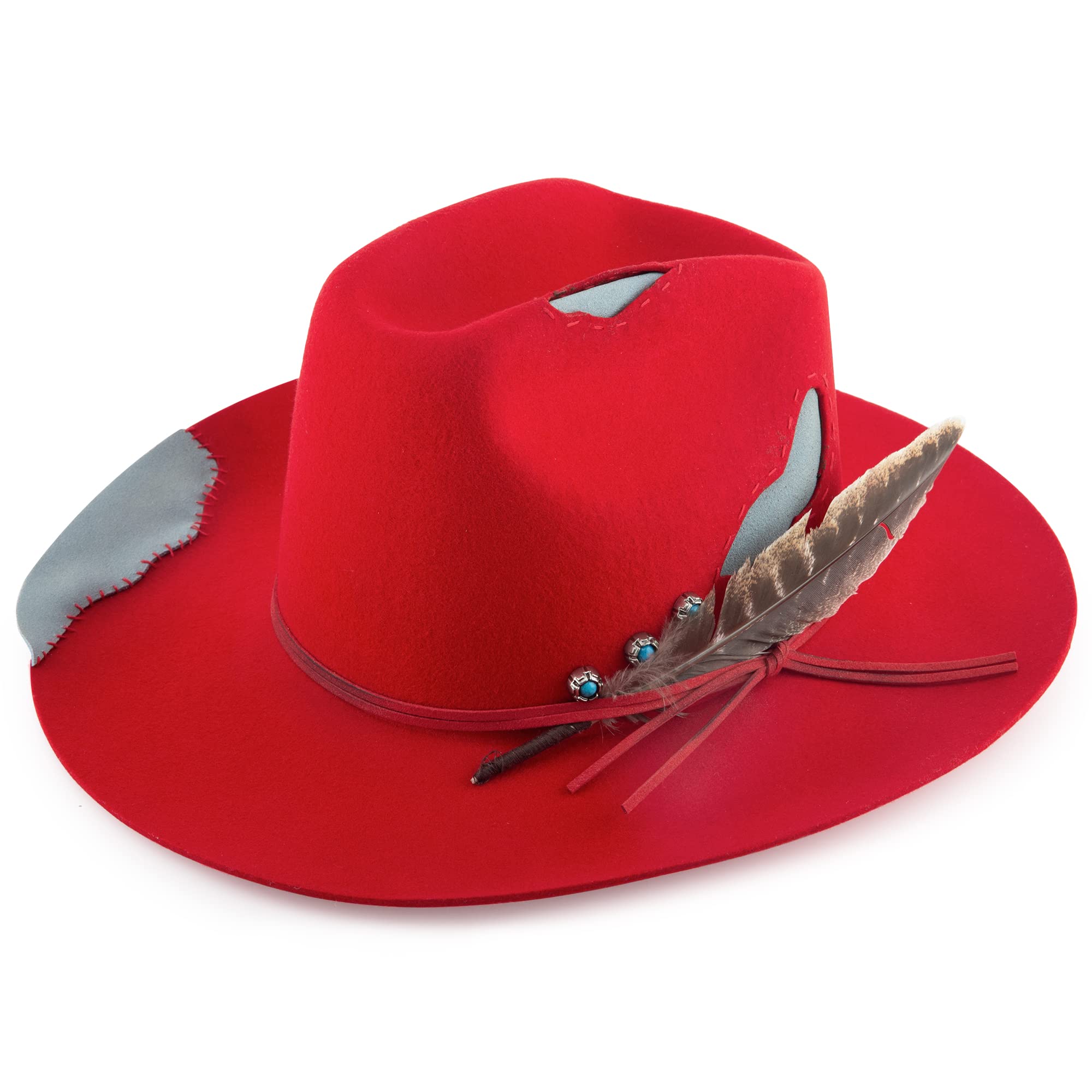 Vintage Cowboy Hat for Women - 100% Australian Wool Cowgirl Hat with Wide Brim & Feather - Western Cattleman Style Panama Hat for Rodeo, Country Music Festivals & Outdoor Adventures